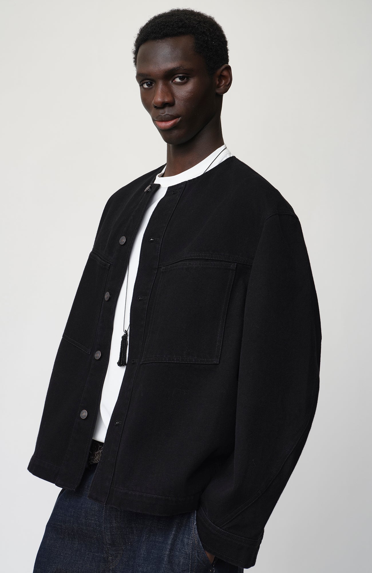 OPICLOTH Collarless Curve-Sleeve Jacket, premium urban and streetwear designers apparel on PROJECTISR.com, OPICLOTH