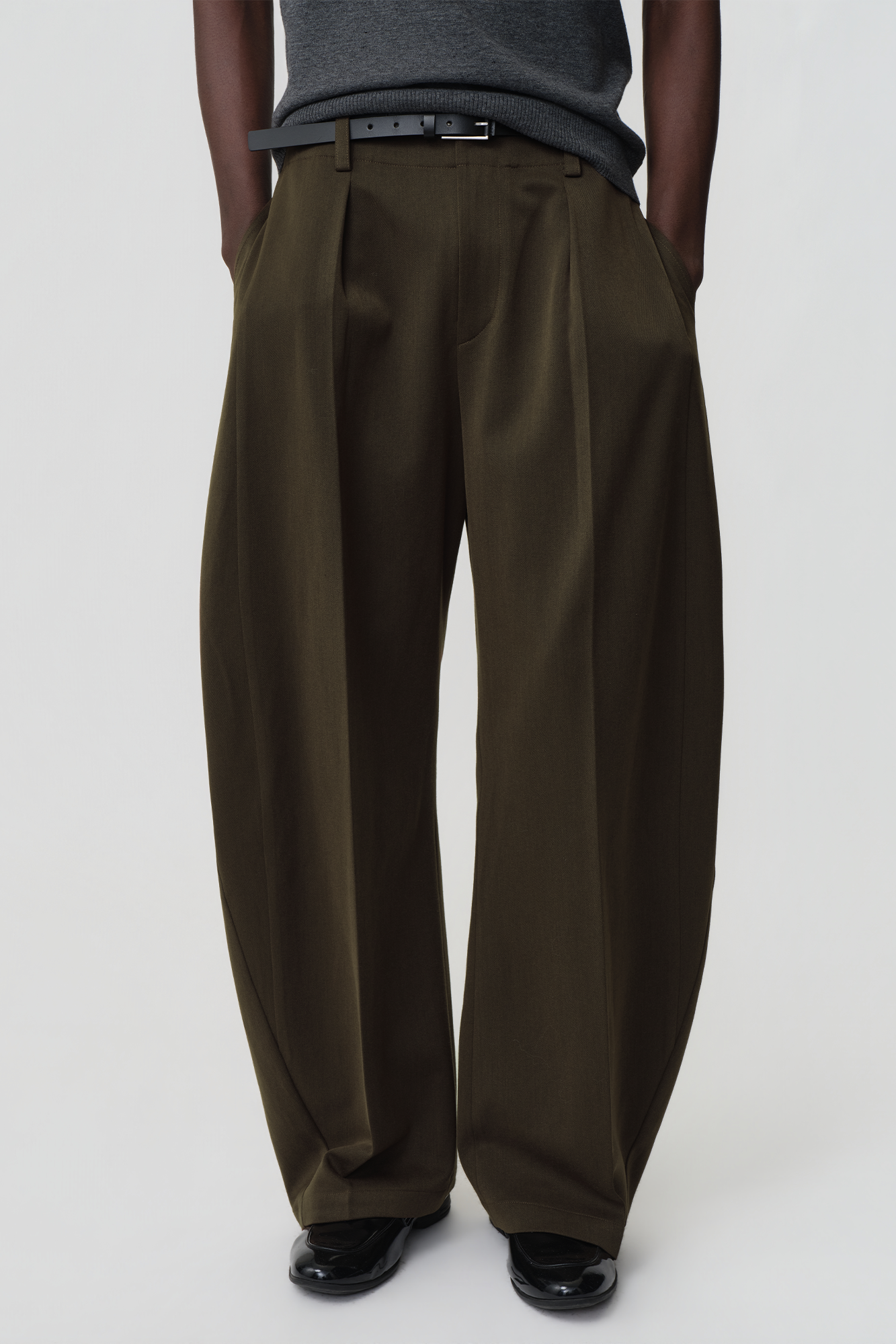 OPICLOTH Wool-Blend Double-Pleated Curved Trousers, premium urban and streetwear designers apparel on PROJECTISR.com, OPICLOTH