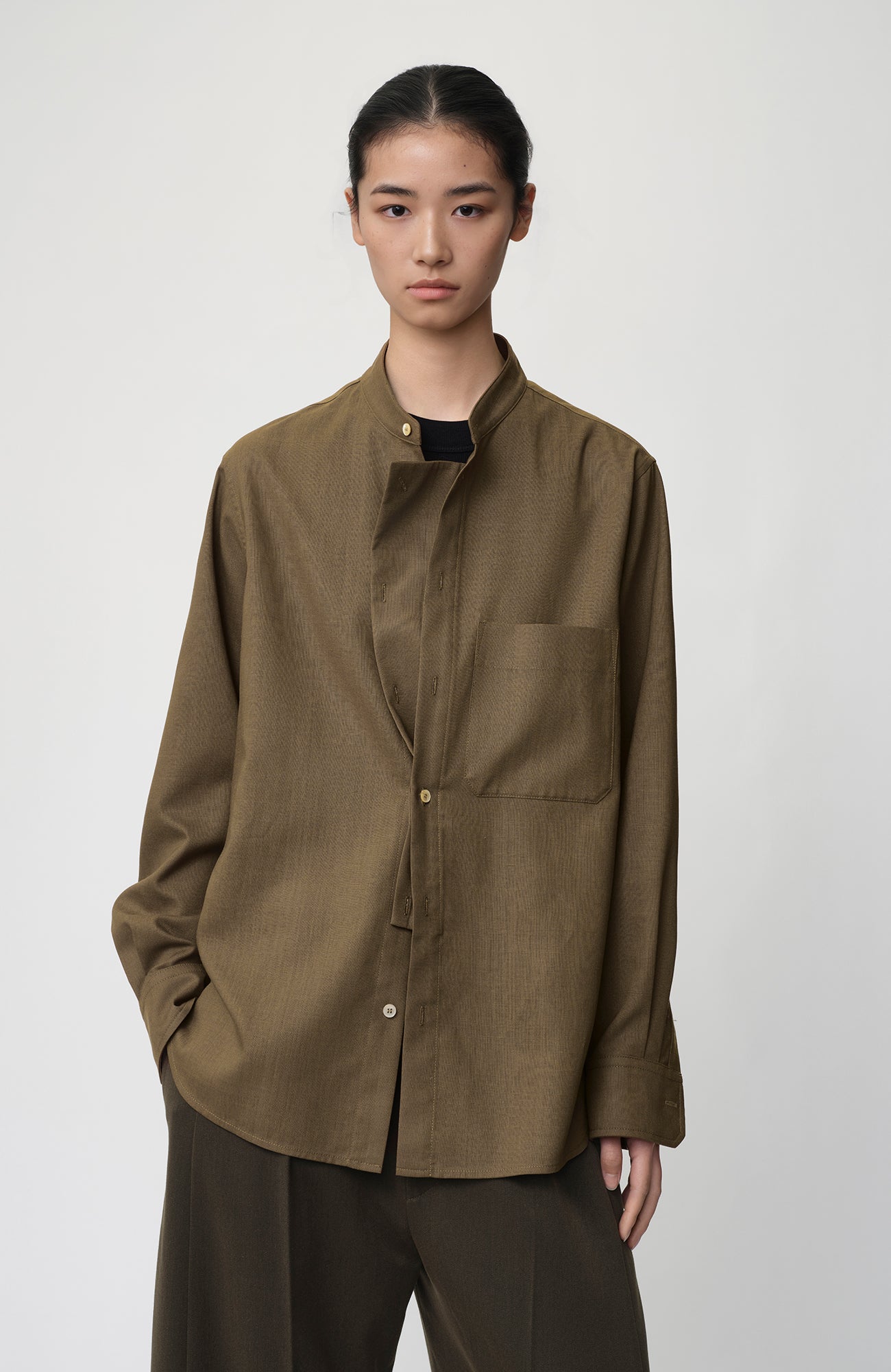 OPICLOTH Layered-Placket Stand-Collar Shirt, premium urban and streetwear designers apparel on PROJECTISR.com, OPICLOTH