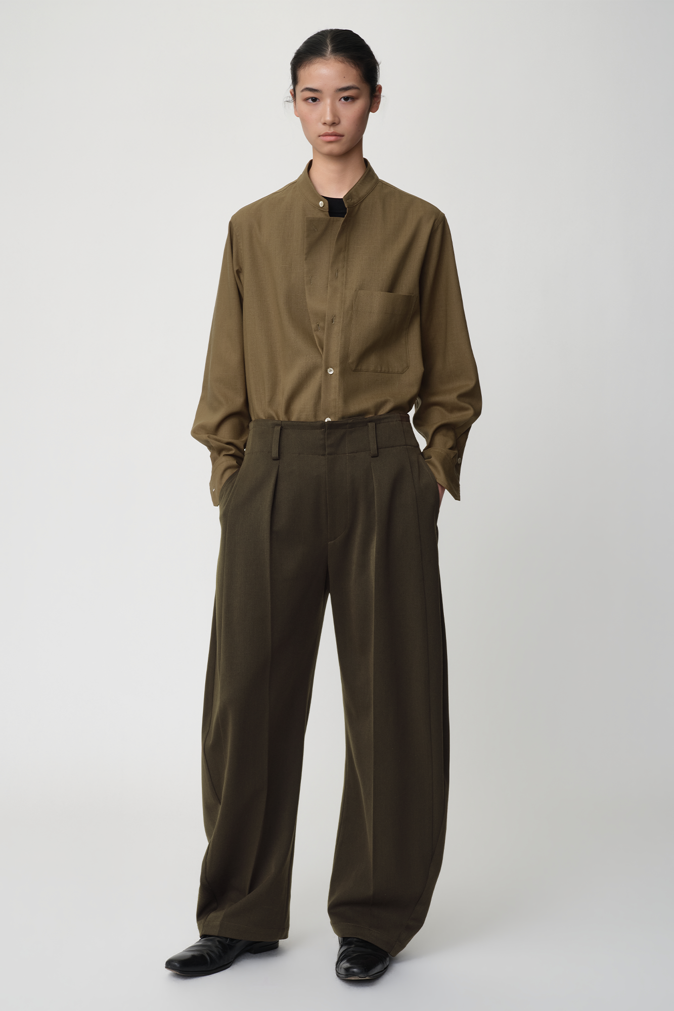 OPICLOTH Wool-Blend Double-Pleated Curved Trousers, premium urban and streetwear designers apparel on PROJECTISR.com, OPICLOTH