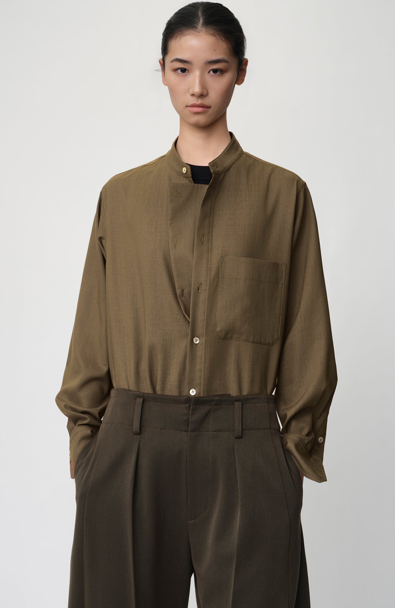 OPICLOTH Layered-Placket Stand-Collar Shirt, premium urban and streetwear designers apparel on PROJECTISR.com, OPICLOTH