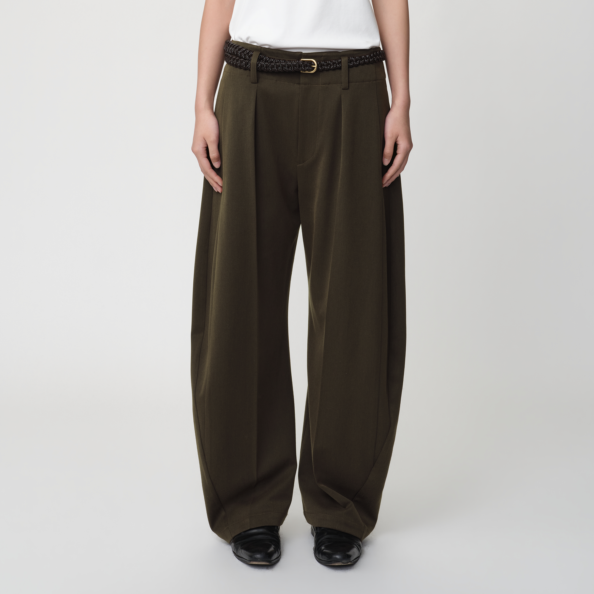 OPICLOTH Wool-Blend Double-Pleated Curved Trousers, premium urban and streetwear designers apparel on PROJECTISR.com, OPICLOTH