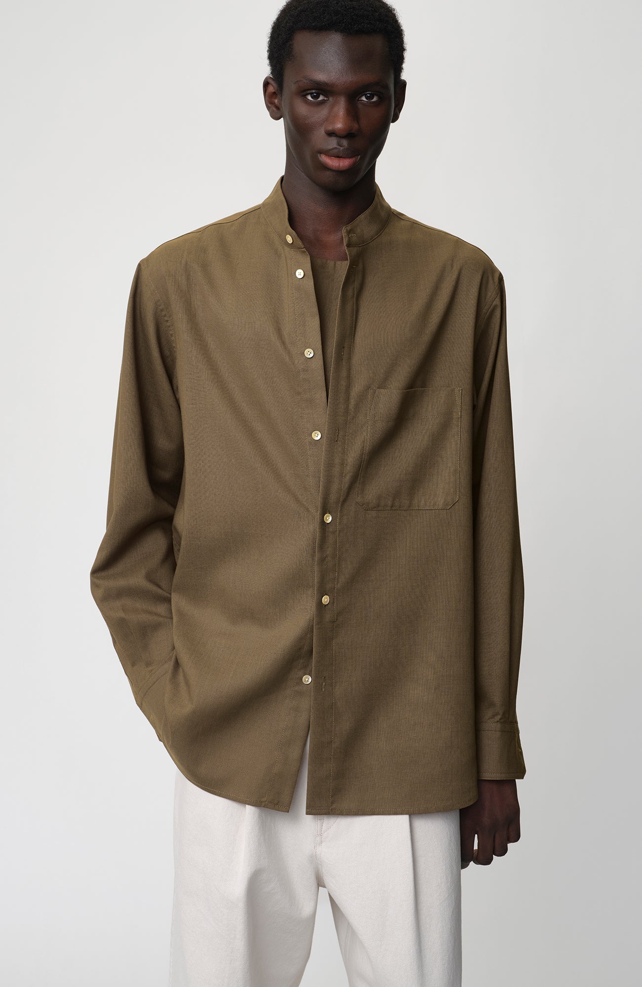 OPICLOTH Layered-Placket Stand-Collar Shirt, premium urban and streetwear designers apparel on PROJECTISR.com, OPICLOTH