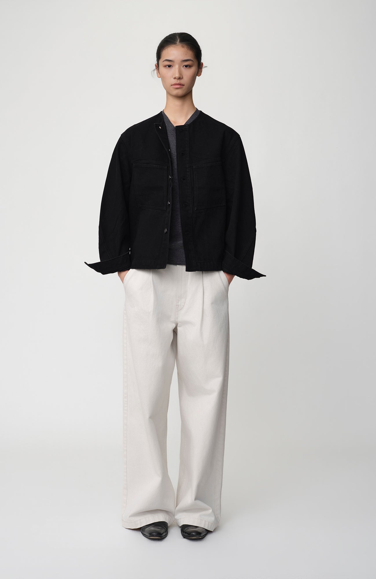 OPICLOTH Collarless Curve-Sleeve Jacket, premium urban and streetwear designers apparel on PROJECTISR.com, OPICLOTH