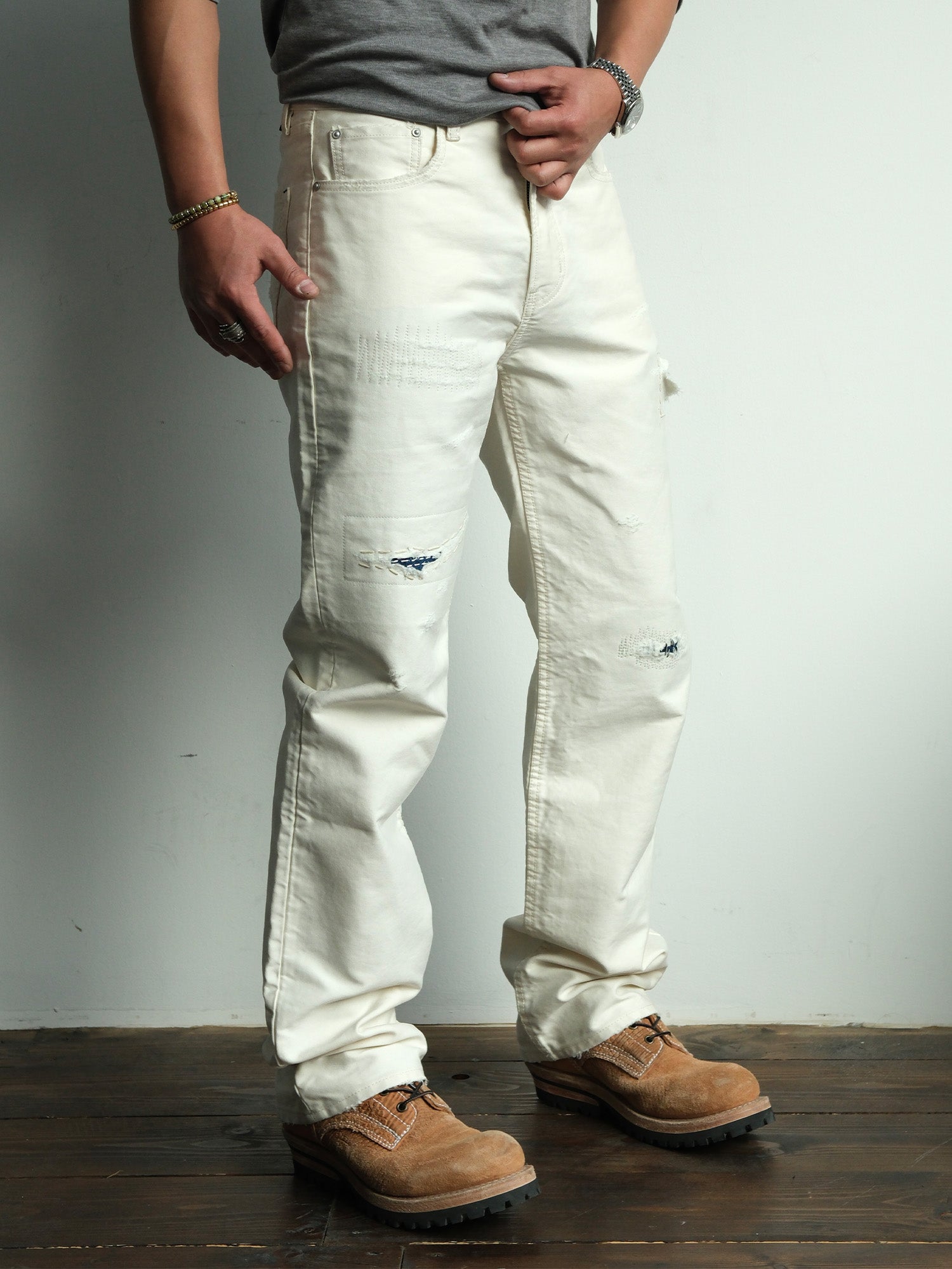 NEIGBORL Distressed Washed Patchwork Pants White, premium urban and streetwear designers apparel on PROJECTISR.com, NEIGBORL