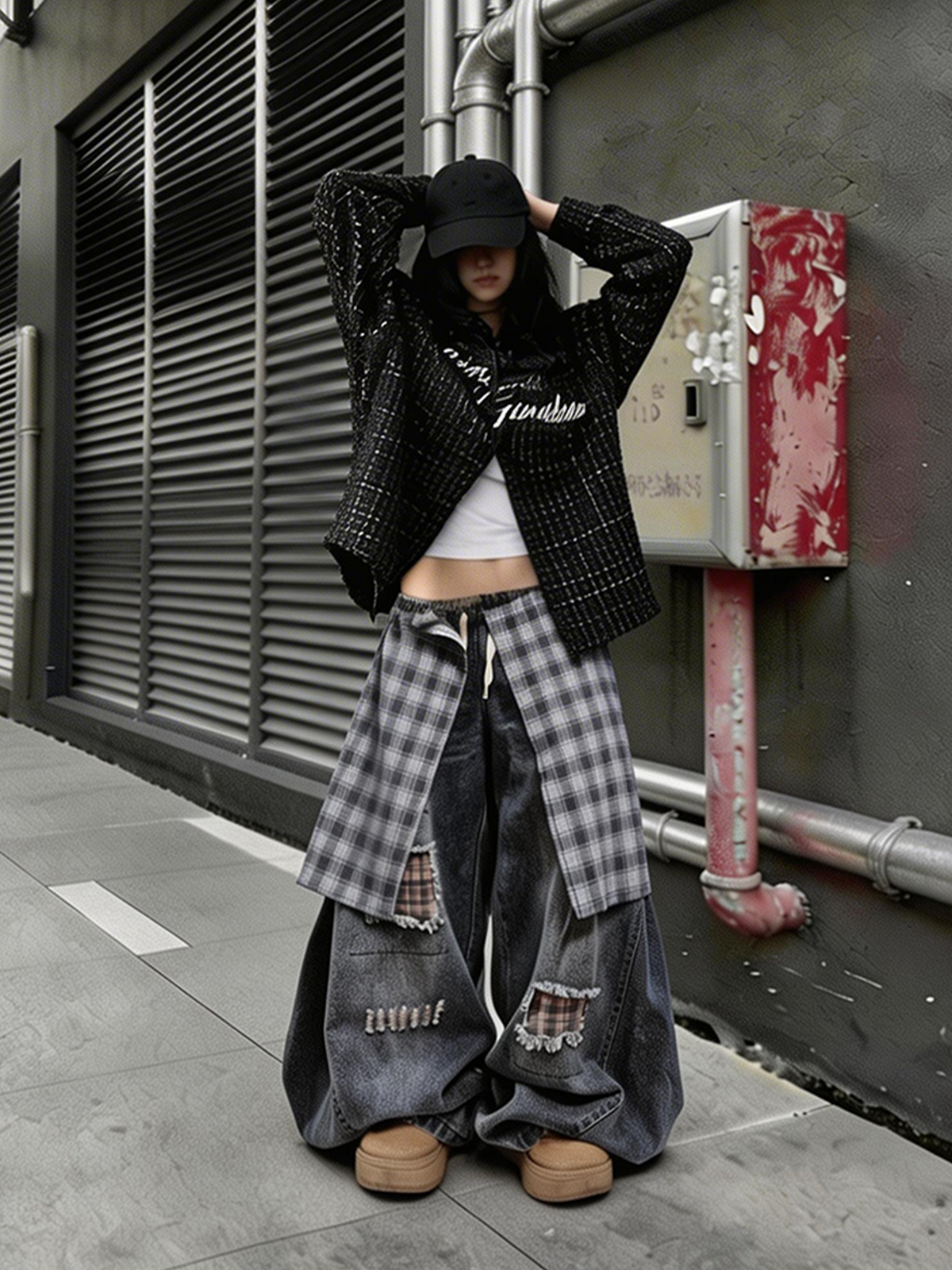 UUCSCC Distressed Layered Plaid Patch Wide-Leg Jeans