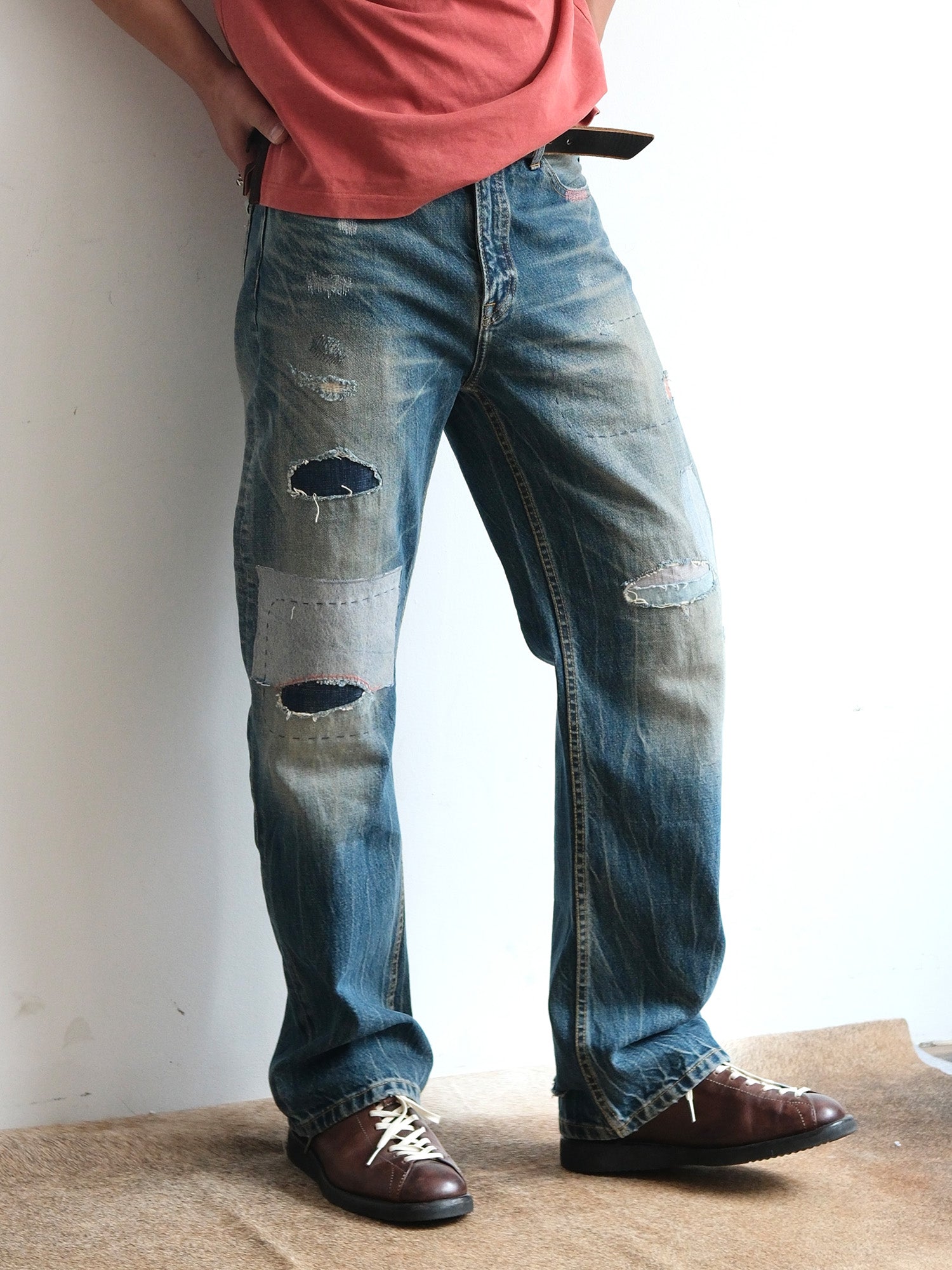 NEIGBORL Retro Washed Patch Distressed Jeans, premium urban and streetwear designers apparel on PROJECTISR.com, NEIGBORL