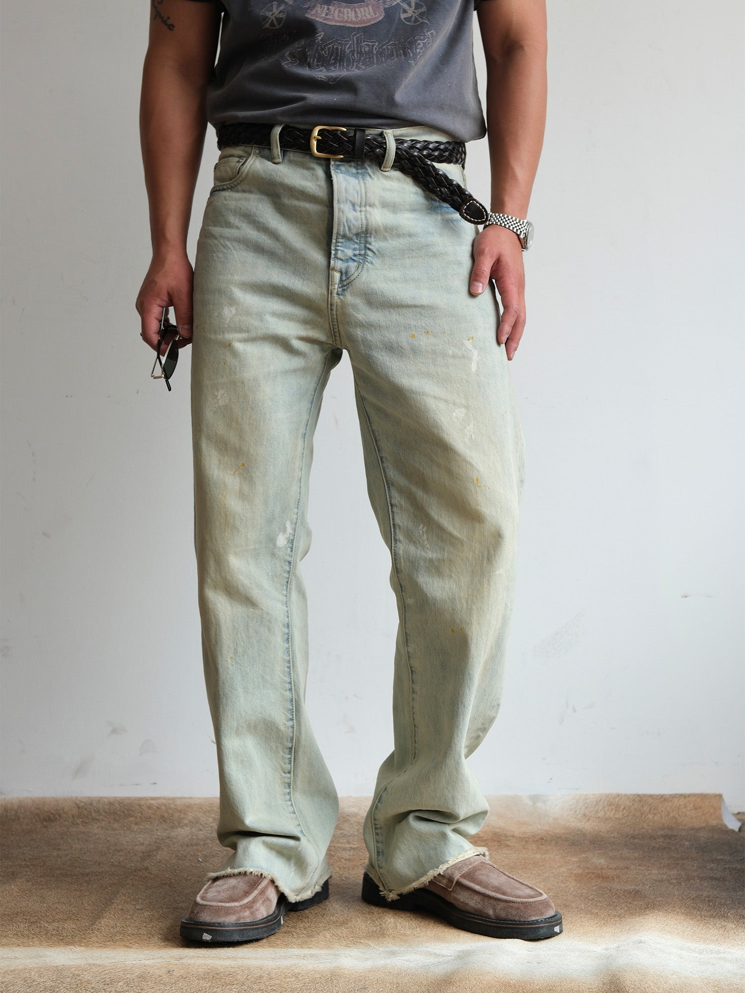 NEIGBORL Washed Paint-Splatter Straight-Leg Jeans, premium urban and streetwear designers apparel on PROJECTISR.com, NEIGBORL