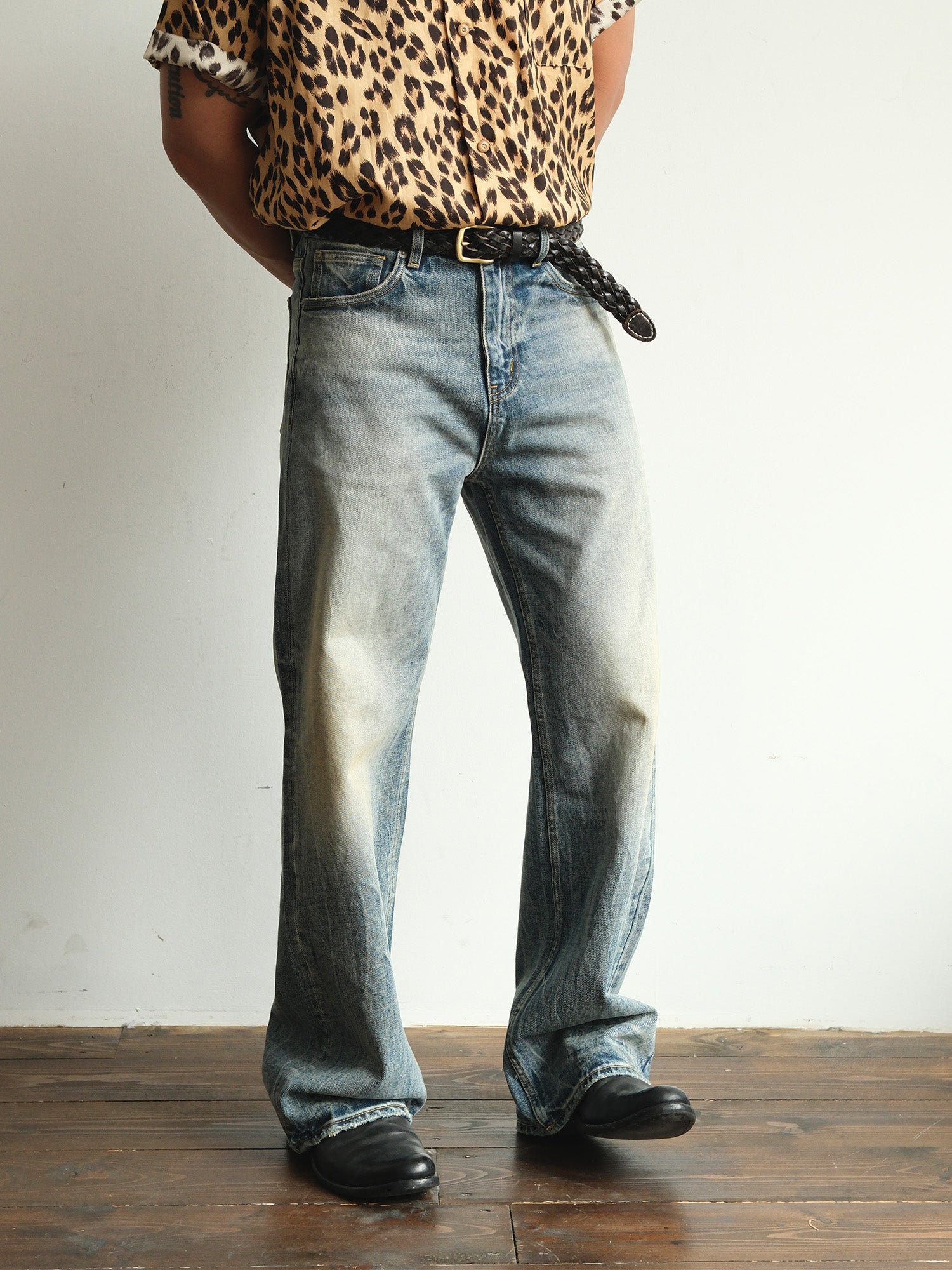 NEIGBORL Washed Distressed Straight-Leg Jeans, premium urban and streetwear designers apparel on PROJECTISR.com, NEIGBORL