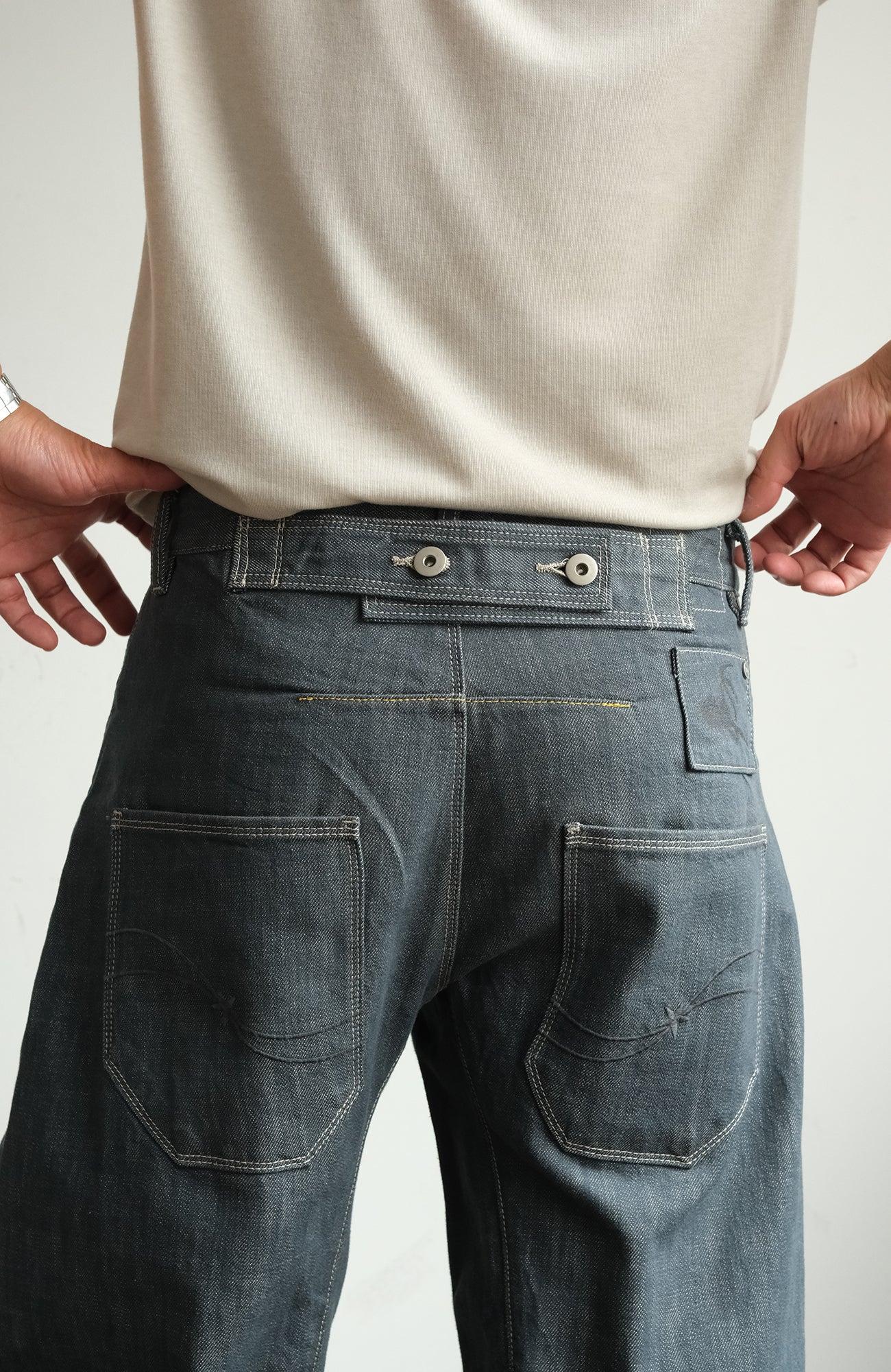 NEIGBORL Back-Buckle Washed Raw Denim Pants, premium urban and streetwear designers apparel on PROJECTISR.com, NEIGBORL