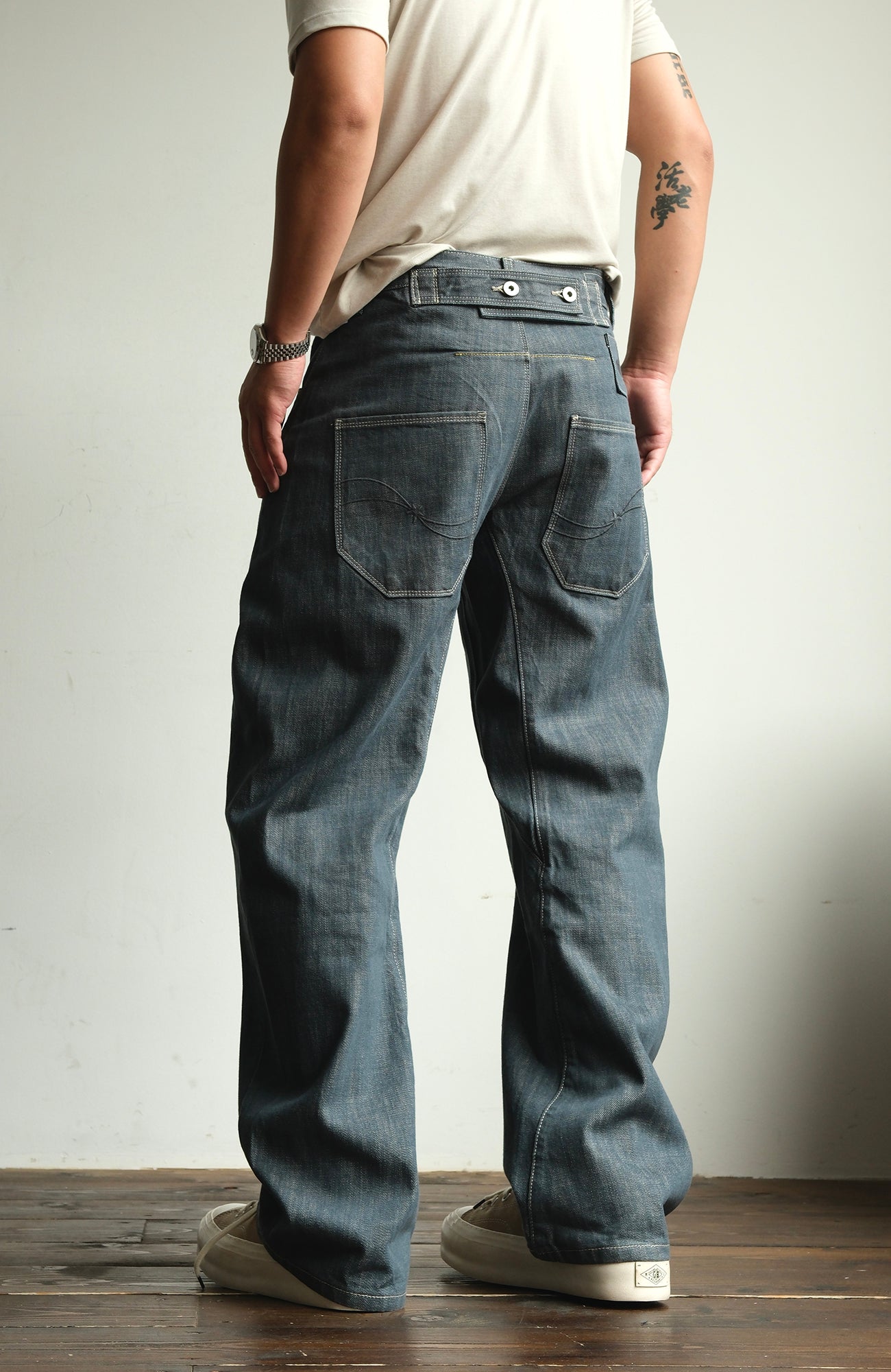 NEIGBORL Back-Buckle Washed Raw Denim Pants, premium urban and streetwear designers apparel on PROJECTISR.com, NEIGBORL