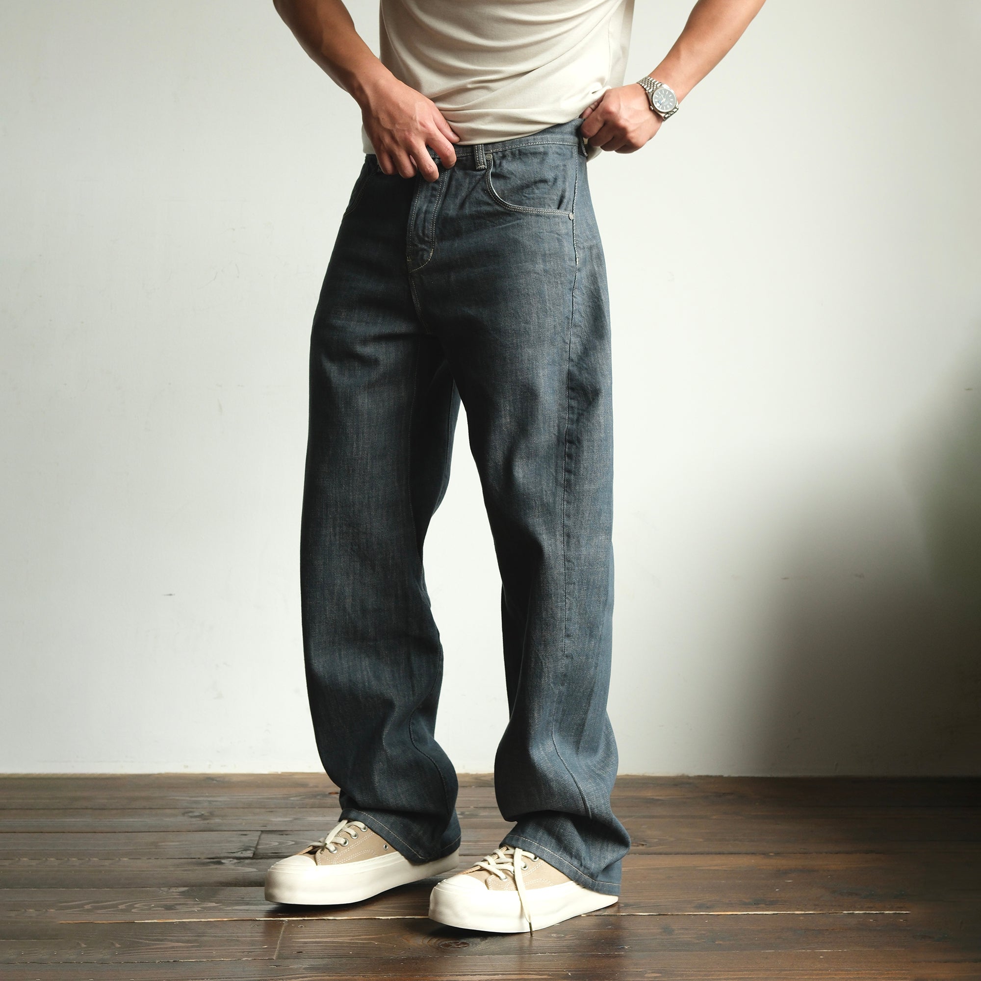 NEIGBORL Back-Buckle Washed Raw Denim Pants, premium urban and streetwear designers apparel on PROJECTISR.com, NEIGBORL