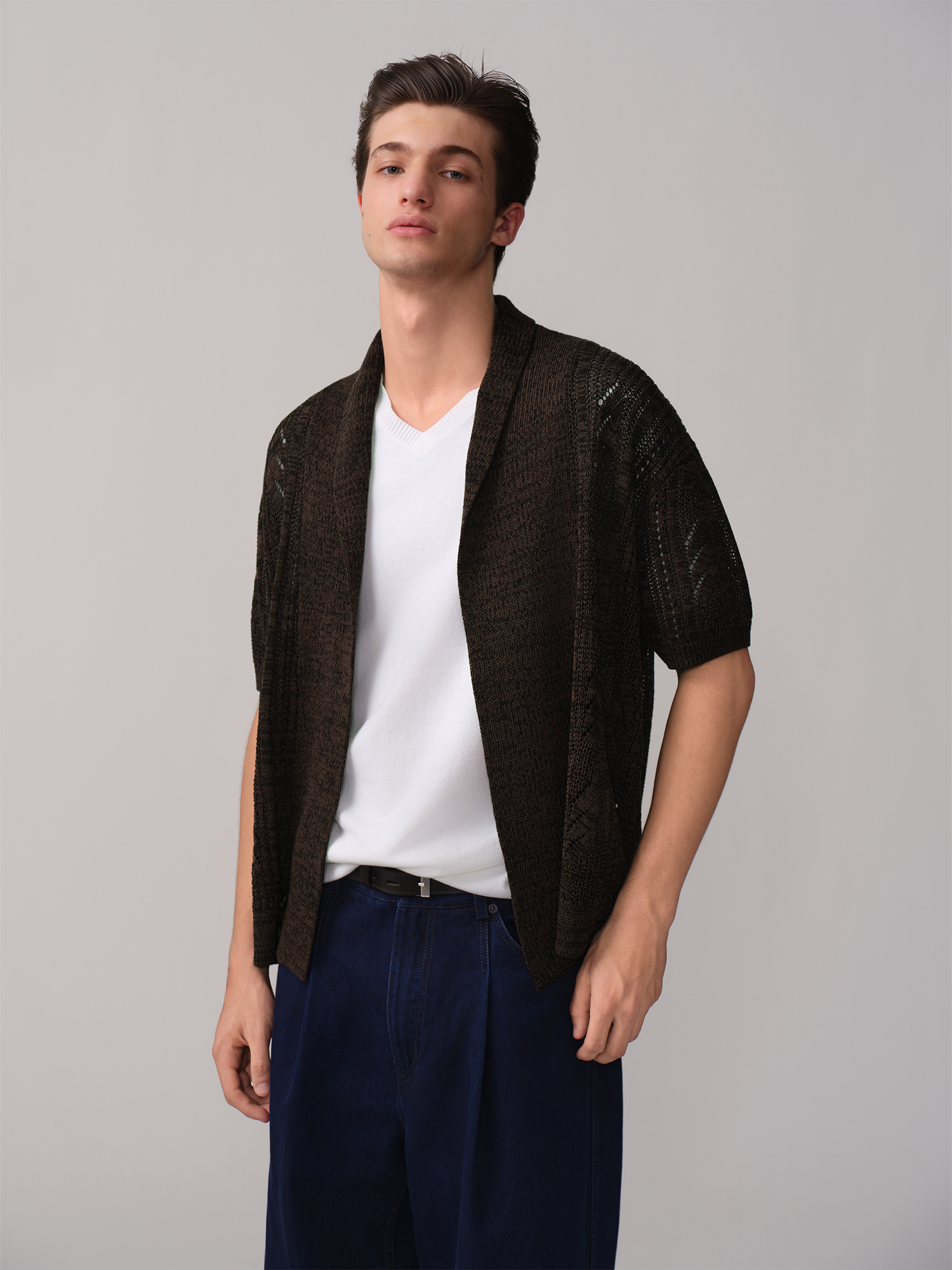 OPICLOTH Retro Shawl Collar Open-Knit Short-Sleeve Cardigan, premium urban and streetwear designers apparel on PROJECTISR.com, OPICLOTH