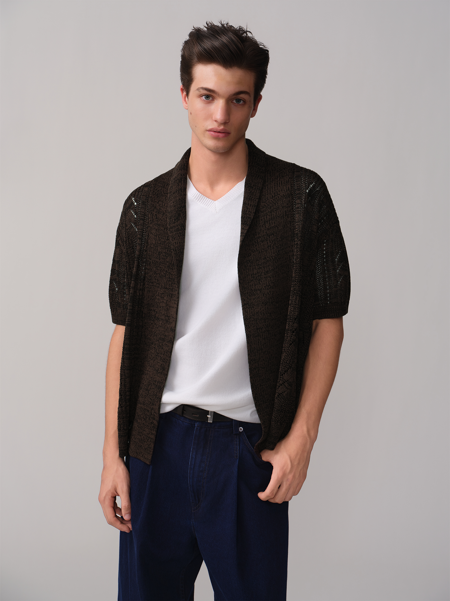 OPICLOTH Retro Shawl Collar Open-Knit Short-Sleeve Cardigan, premium urban and streetwear designers apparel on PROJECTISR.com, OPICLOTH