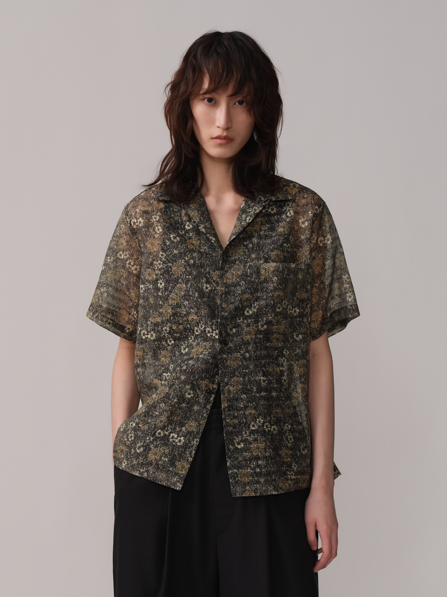 OPICLOTH Shadow Floral Cuban Collar Half Shirt, premium urban and streetwear designers apparel on PROJECTISR.com, OPICLOTH