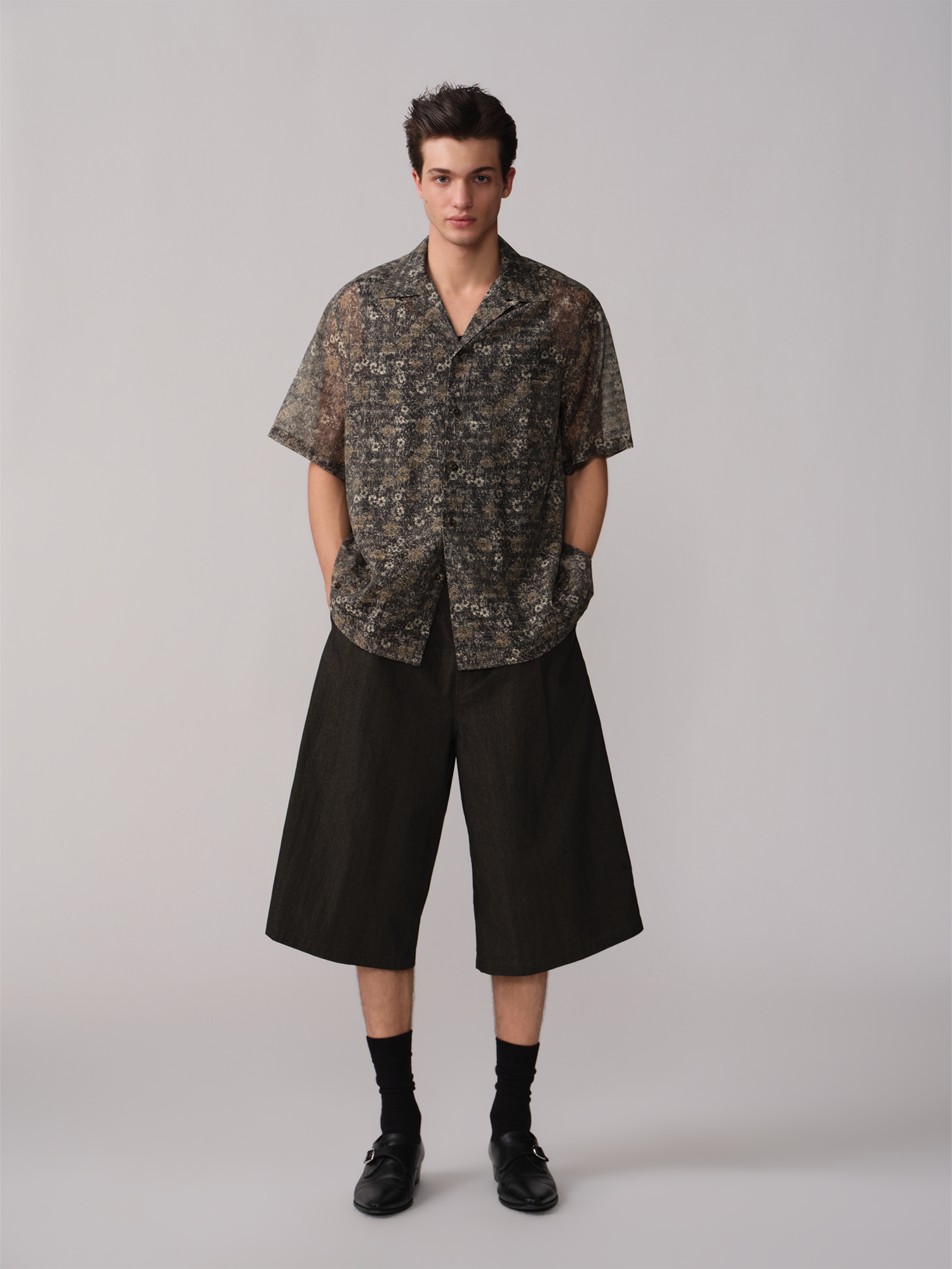 OPICLOTH Shadow Floral Cuban Collar Half Shirt, premium urban and streetwear designers apparel on PROJECTISR.com, OPICLOTH