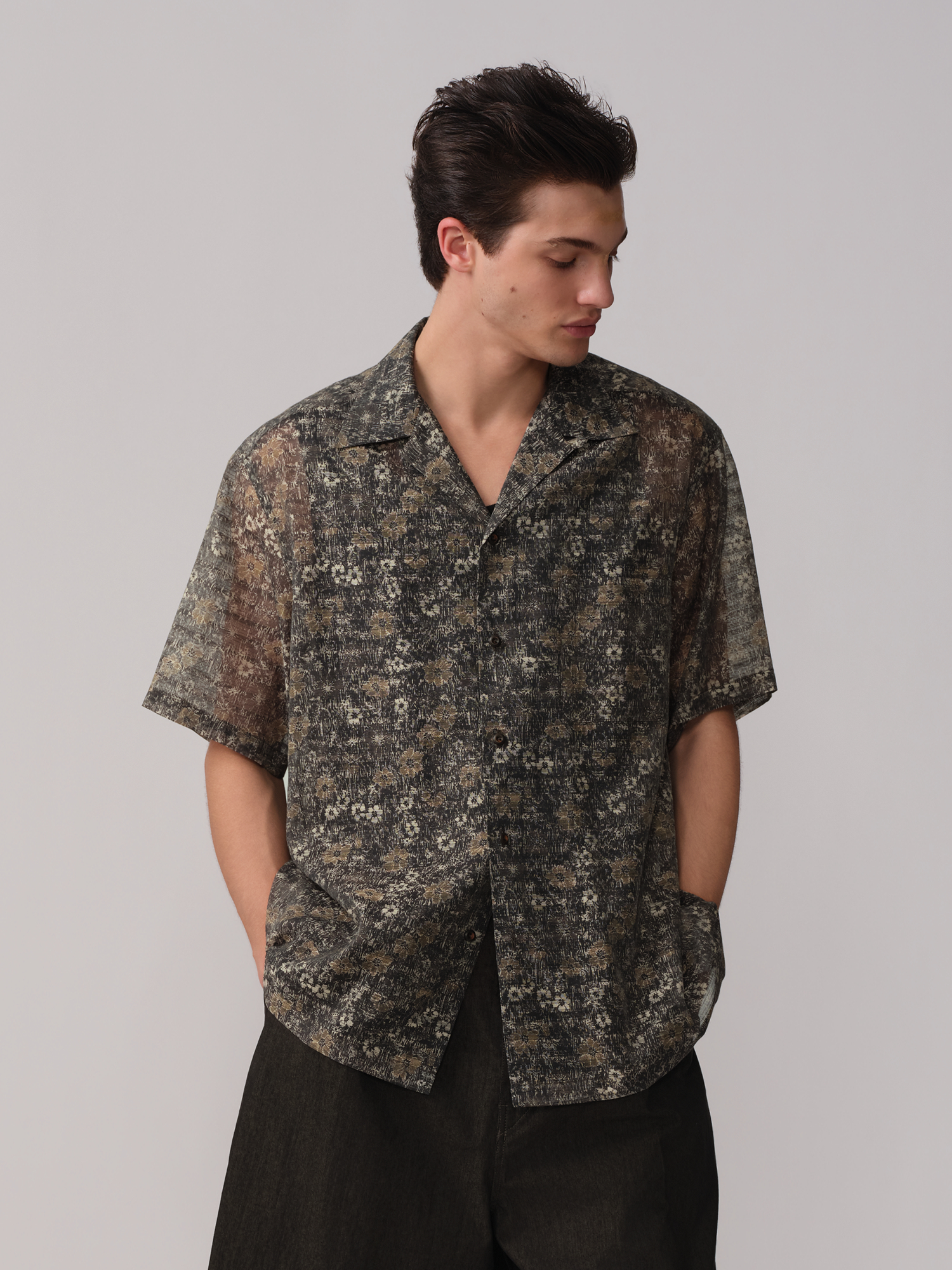 OPICLOTH Shadow Floral Cuban Collar Half Shirt, premium urban and streetwear designers apparel on PROJECTISR.com, OPICLOTH