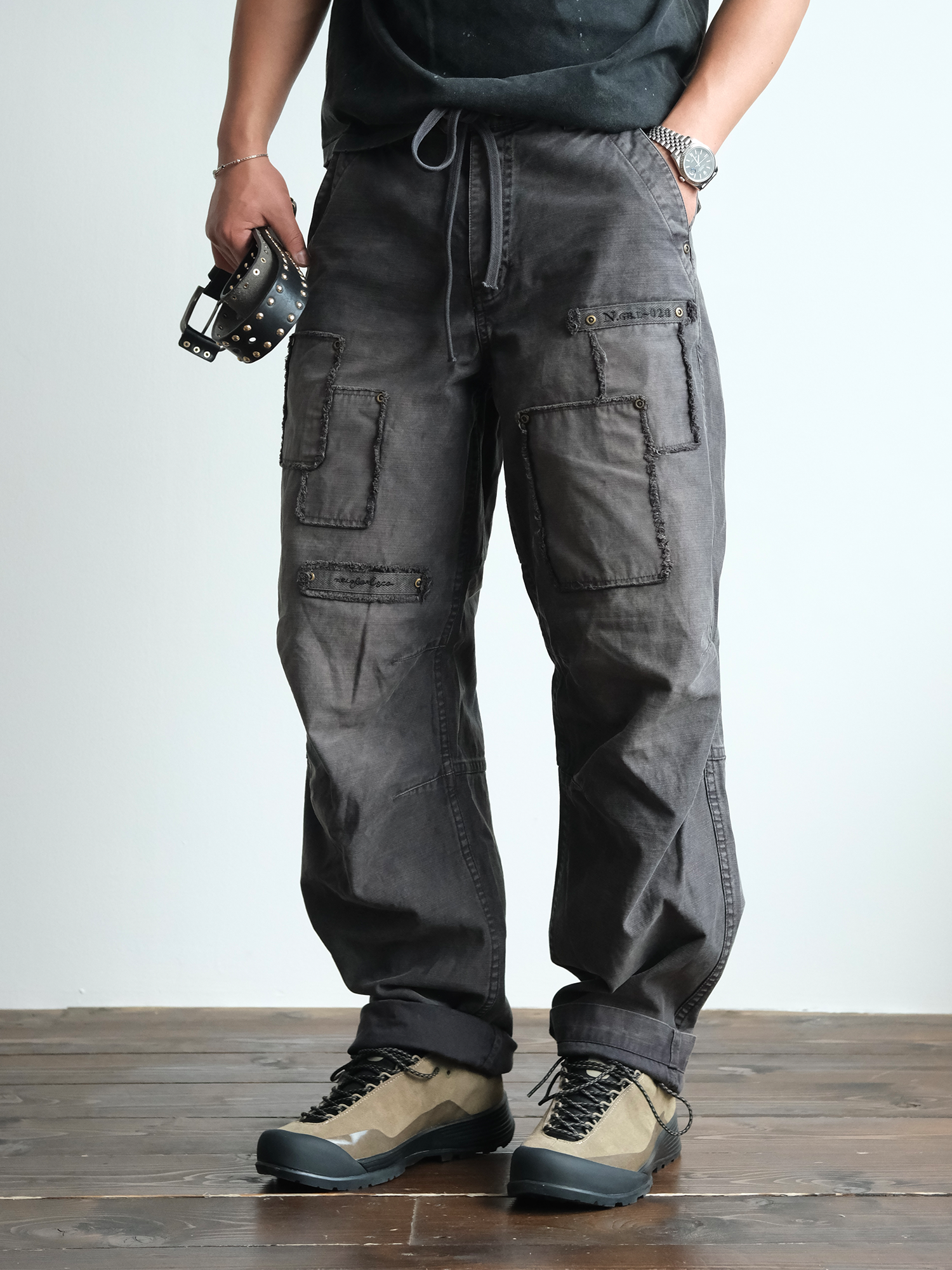 NEIGBORL Retro Washed Distressed Patch Cargo Pants