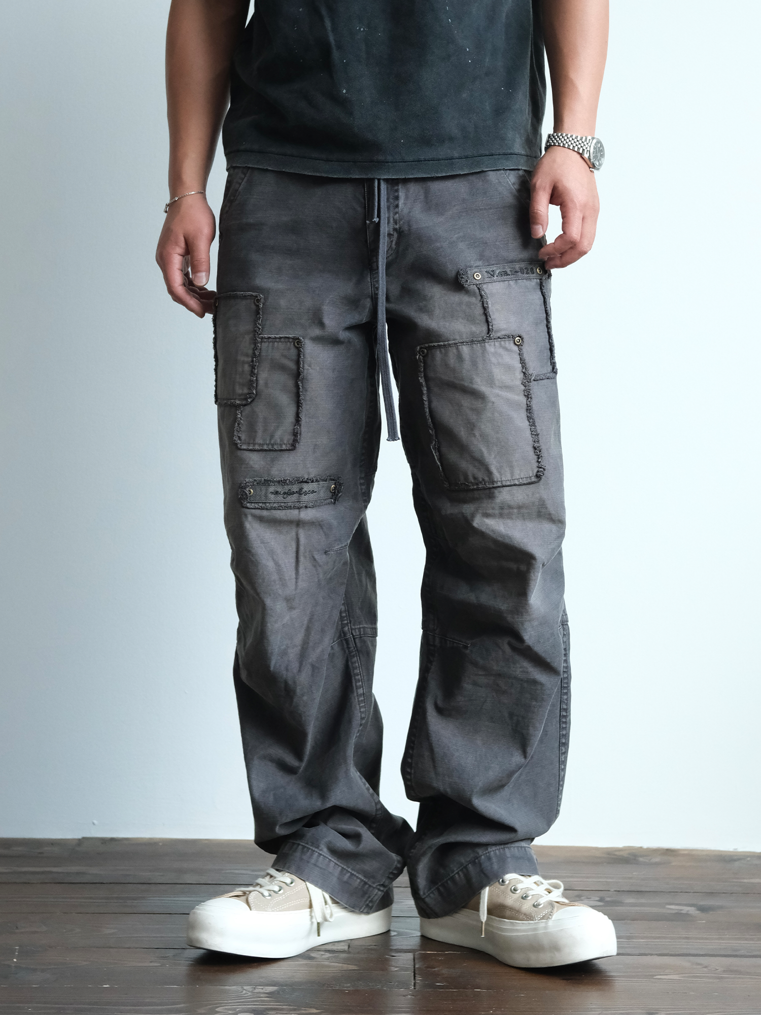 NEIGBORL Retro Washed Distressed Patch Cargo Pants