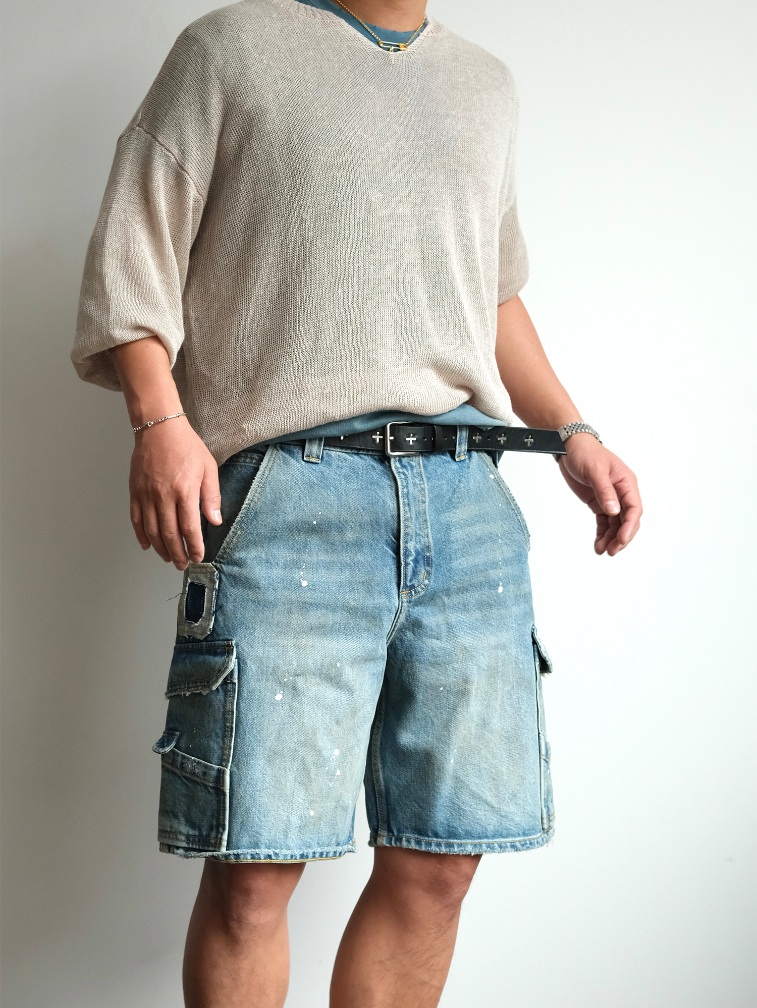 NEIGBORL Retro Washed Paint-Splattered Multi-Pocket Denim Shorts