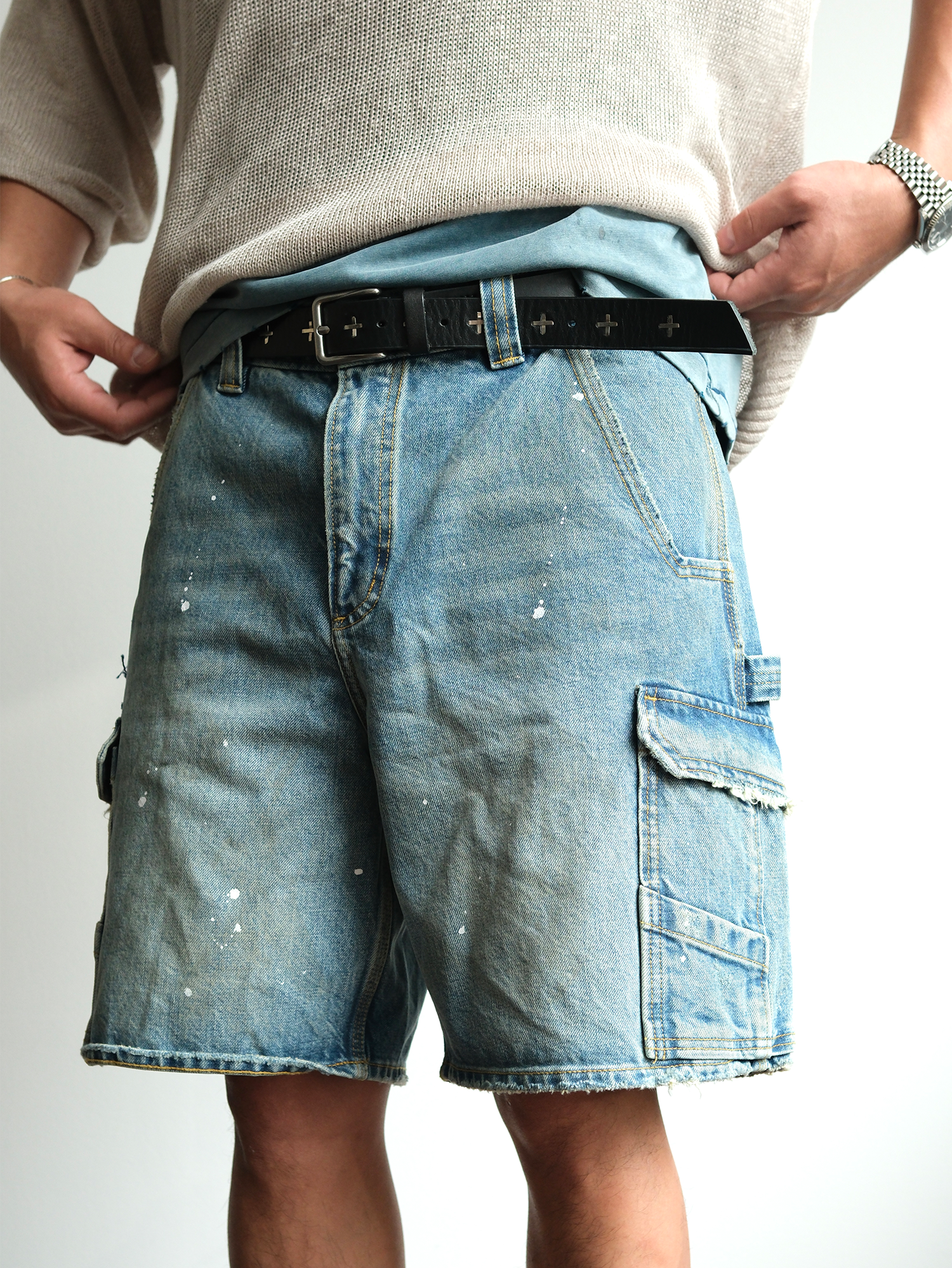 NEIGBORL Retro Washed Paint-Splattered Multi-Pocket Denim Shorts