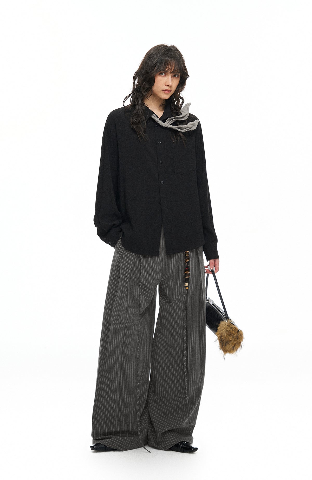TGNS Ruched Double-Waist Striped Pleated Wide-Leg Trousers