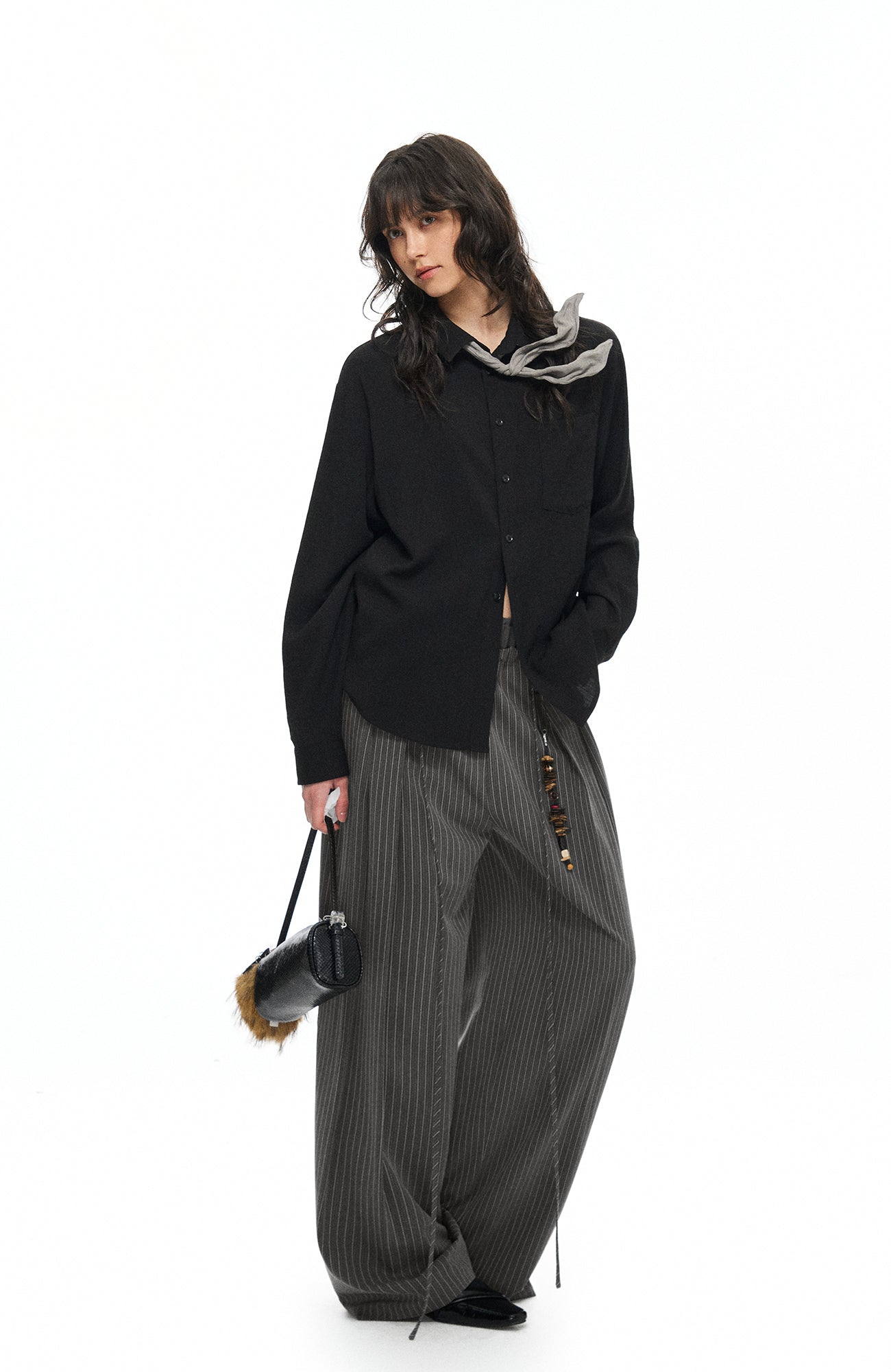 TGNS Ruched Double-Waist Striped Pleated Wide-Leg Trousers