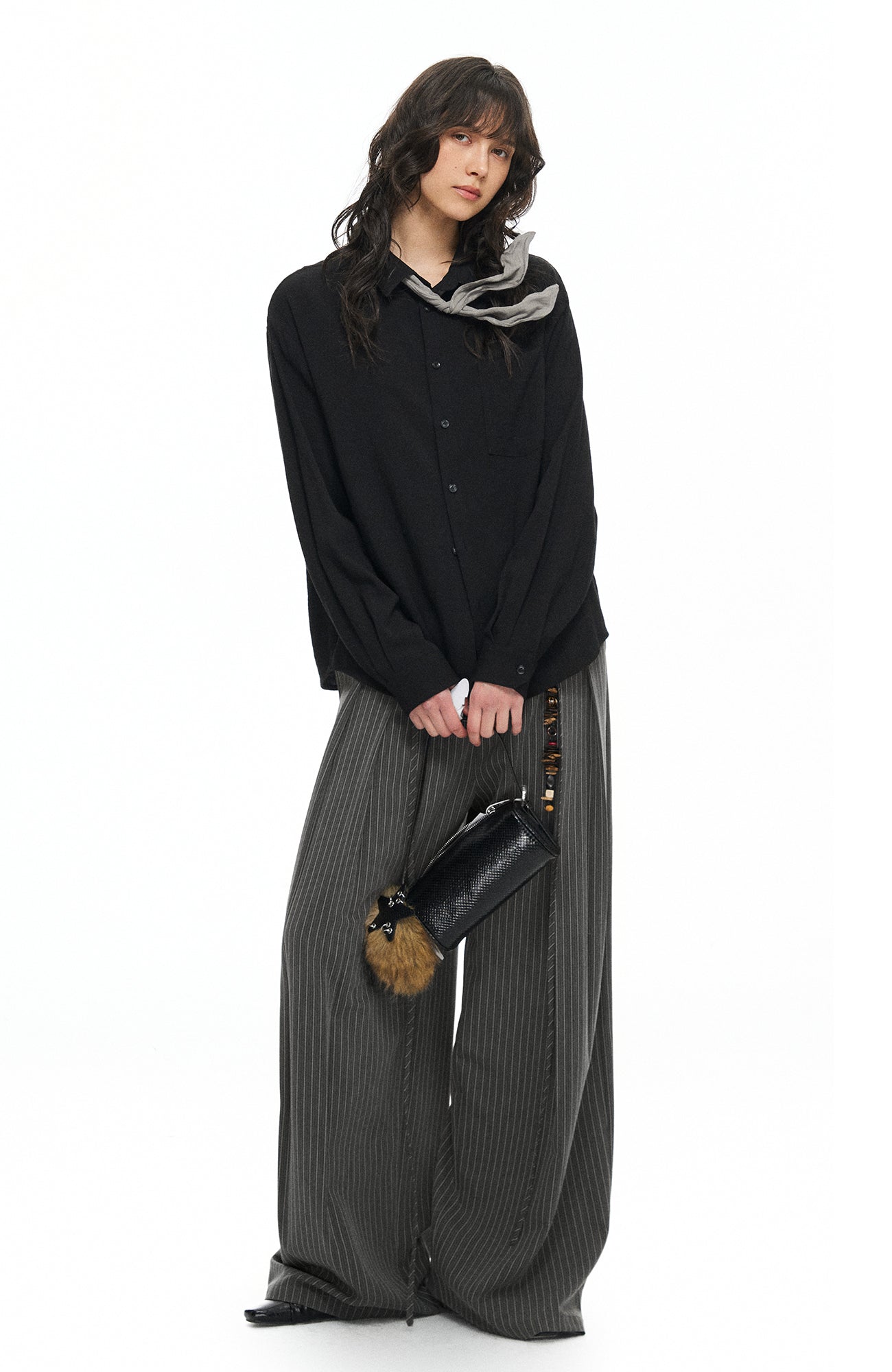 TGNS Ruched Double-Waist Striped Pleated Wide-Leg Trousers