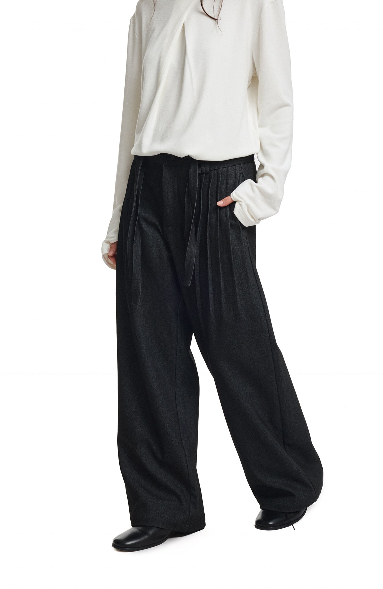 KREATE Double Belt Pleated Wide-Leg Trousers
