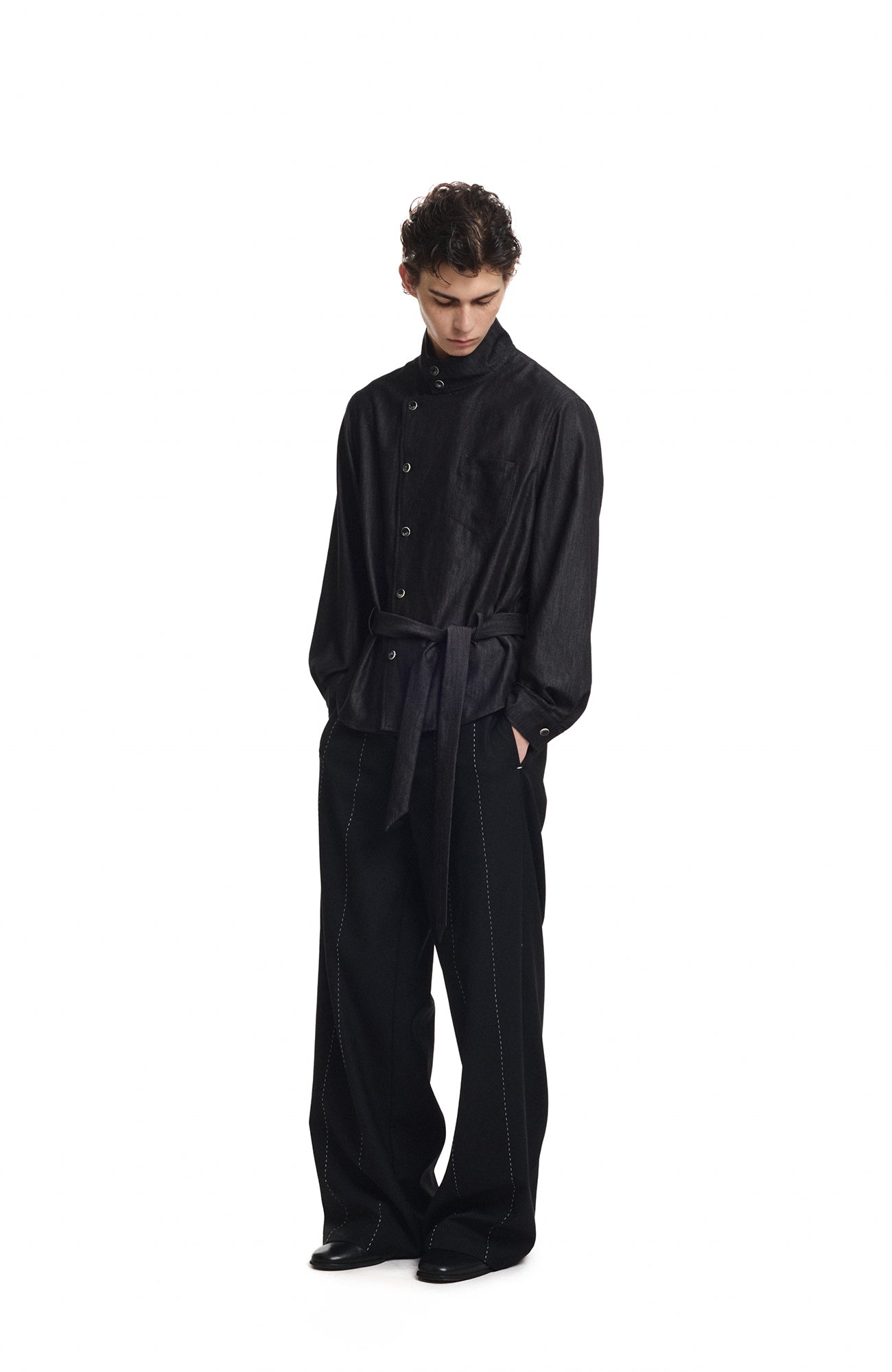 KREATE Stand Collar Wrap Tie Shirt