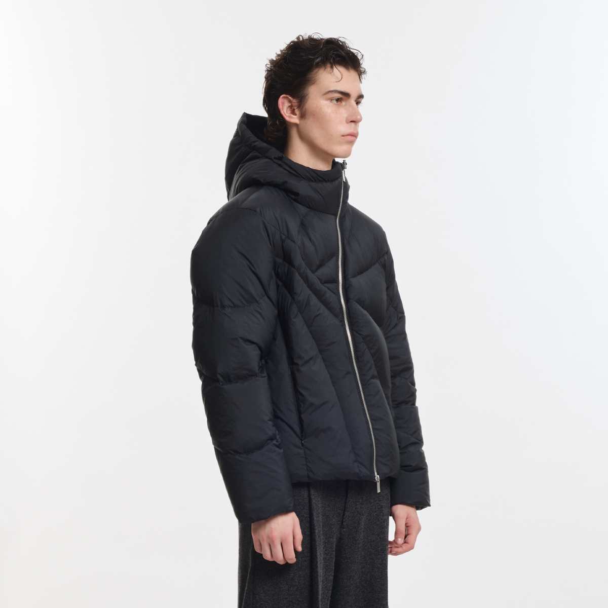 KREATE Asymmetrical Zip Quilted Hooded Down Jacket