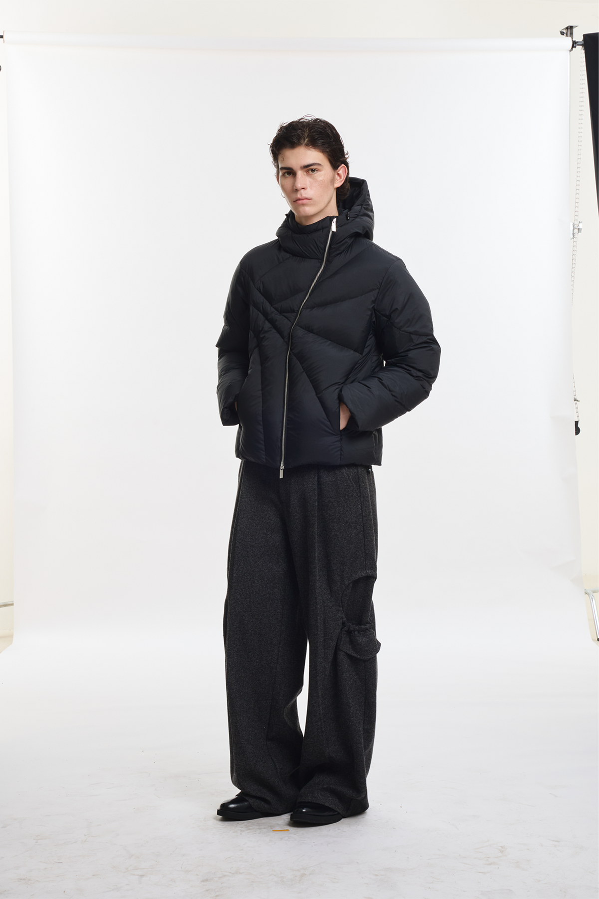 KREATE Asymmetrical Zip Quilted Hooded Down Jacket