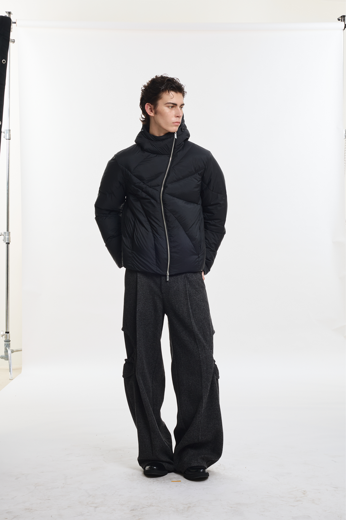 KREATE Asymmetrical Zip Quilted Hooded Down Jacket