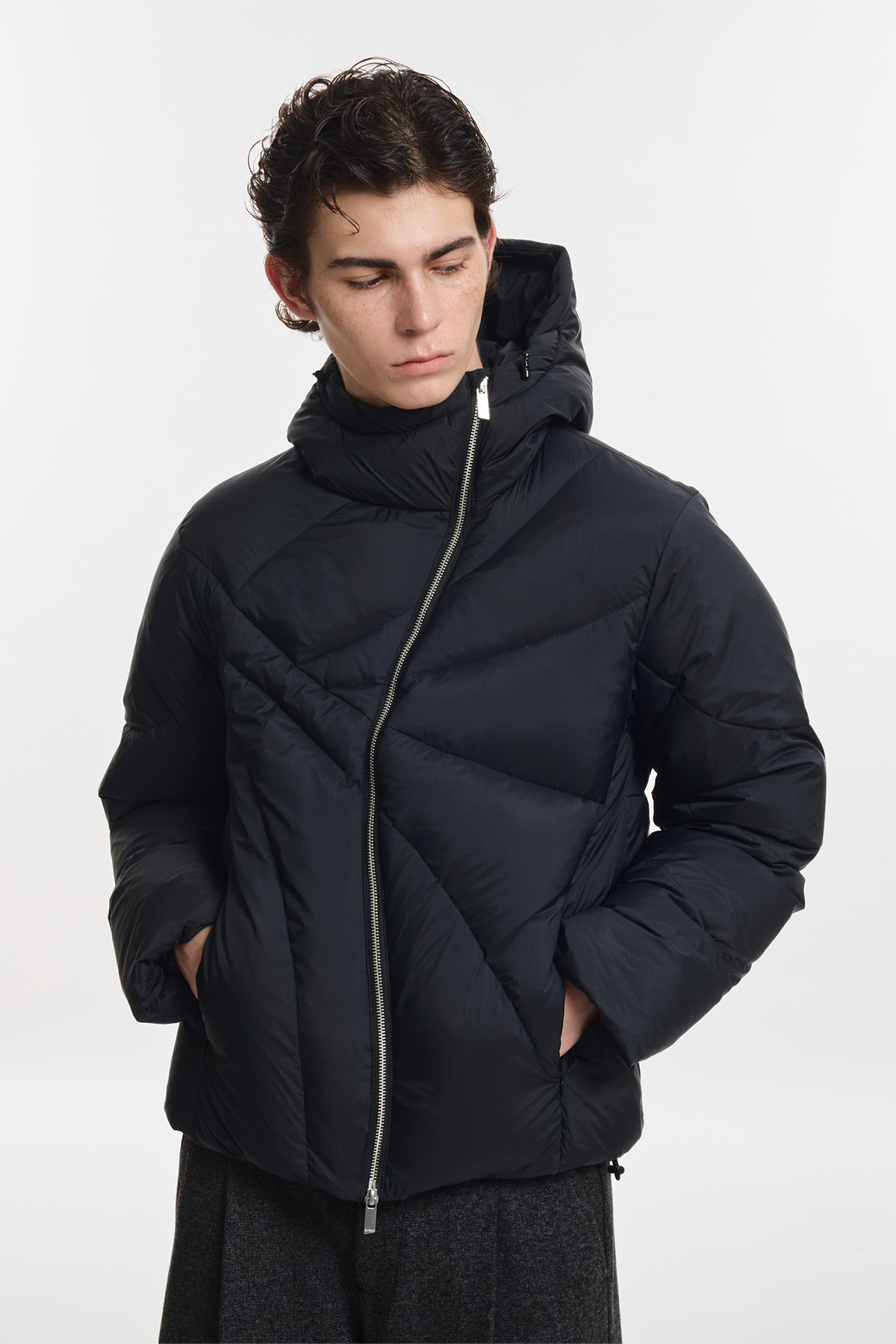 KREATE Asymmetrical Zip Quilted Hooded Down Jacket