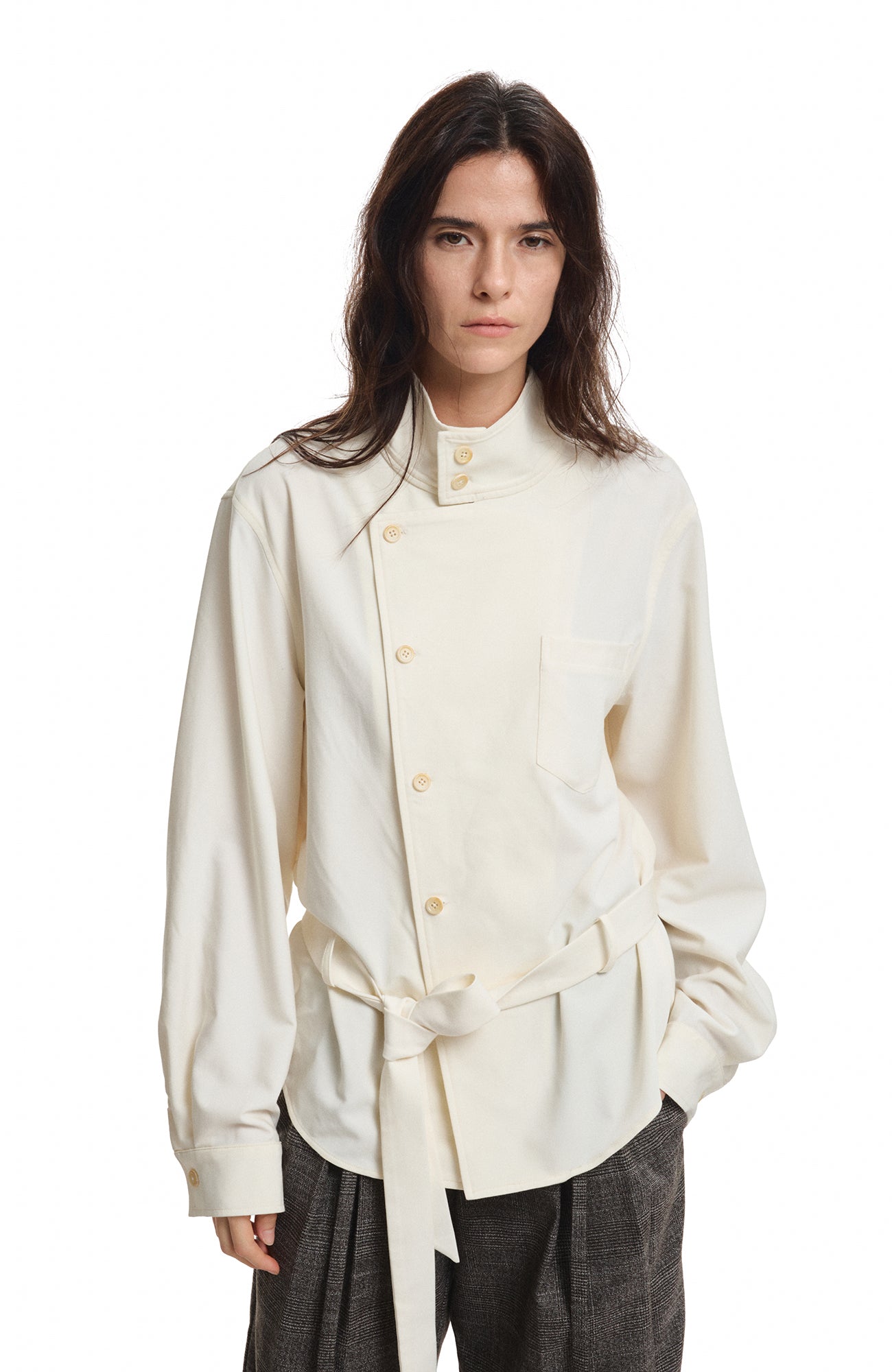 KREATE Stand Collar Wrap Tie Shirt