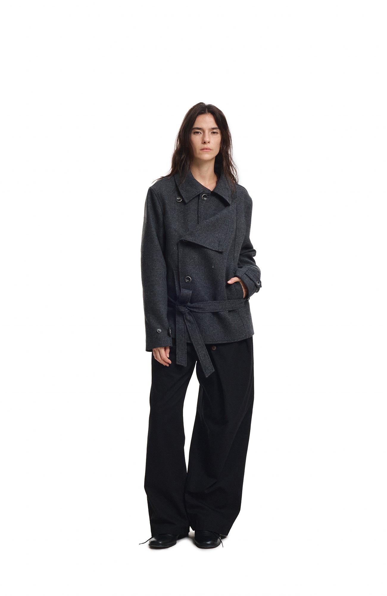 KREATE Wool-Blend Herringbone Double-Breasted Belted Coat