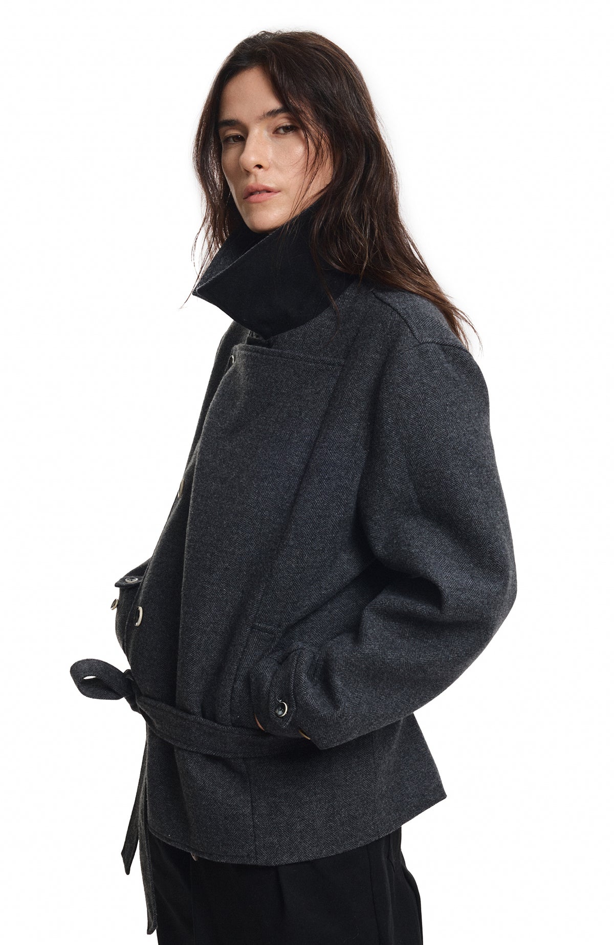 KREATE Wool-Blend Herringbone Double-Breasted Belted Coat