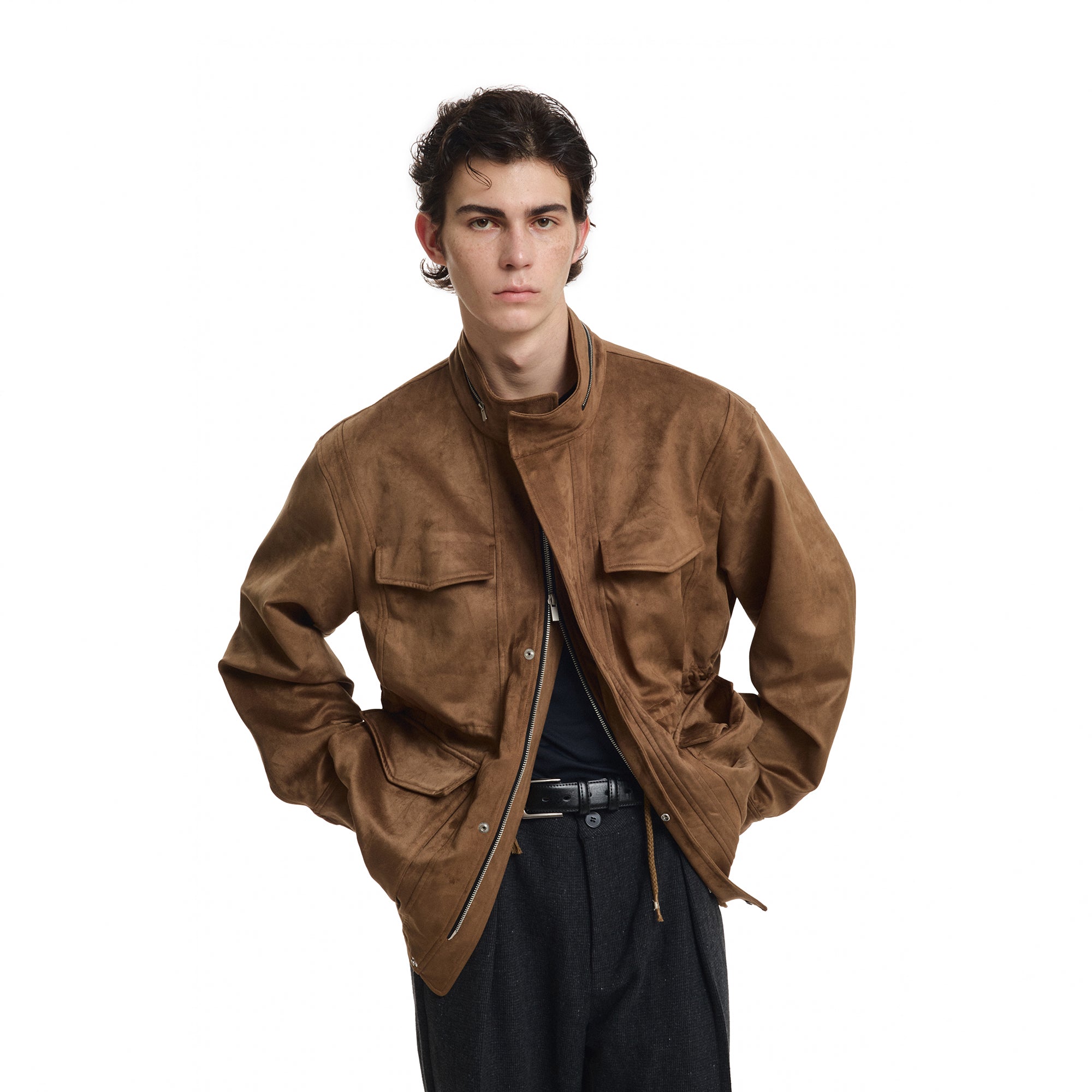 KREATE Suede Multi-Pocket Zip-Up Utility Jacket