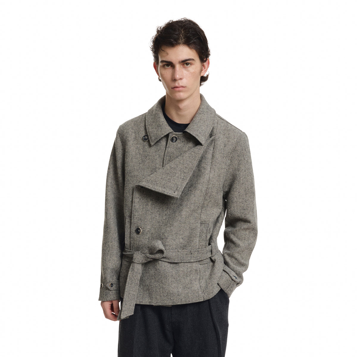 KREATE Wool-Blend Herringbone Double-Breasted Belted Coat