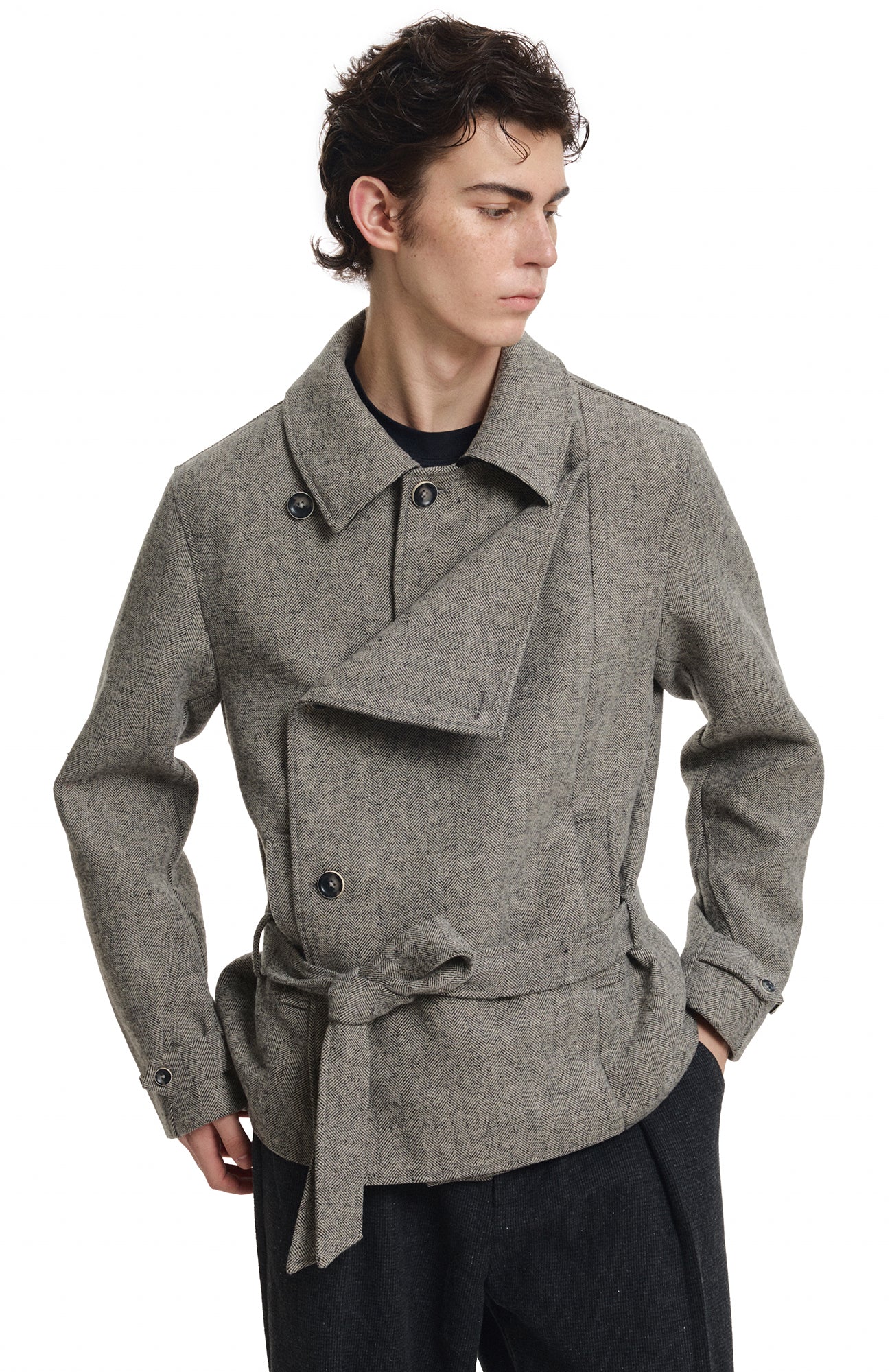 KREATE Wool-Blend Herringbone Double-Breasted Belted Coat