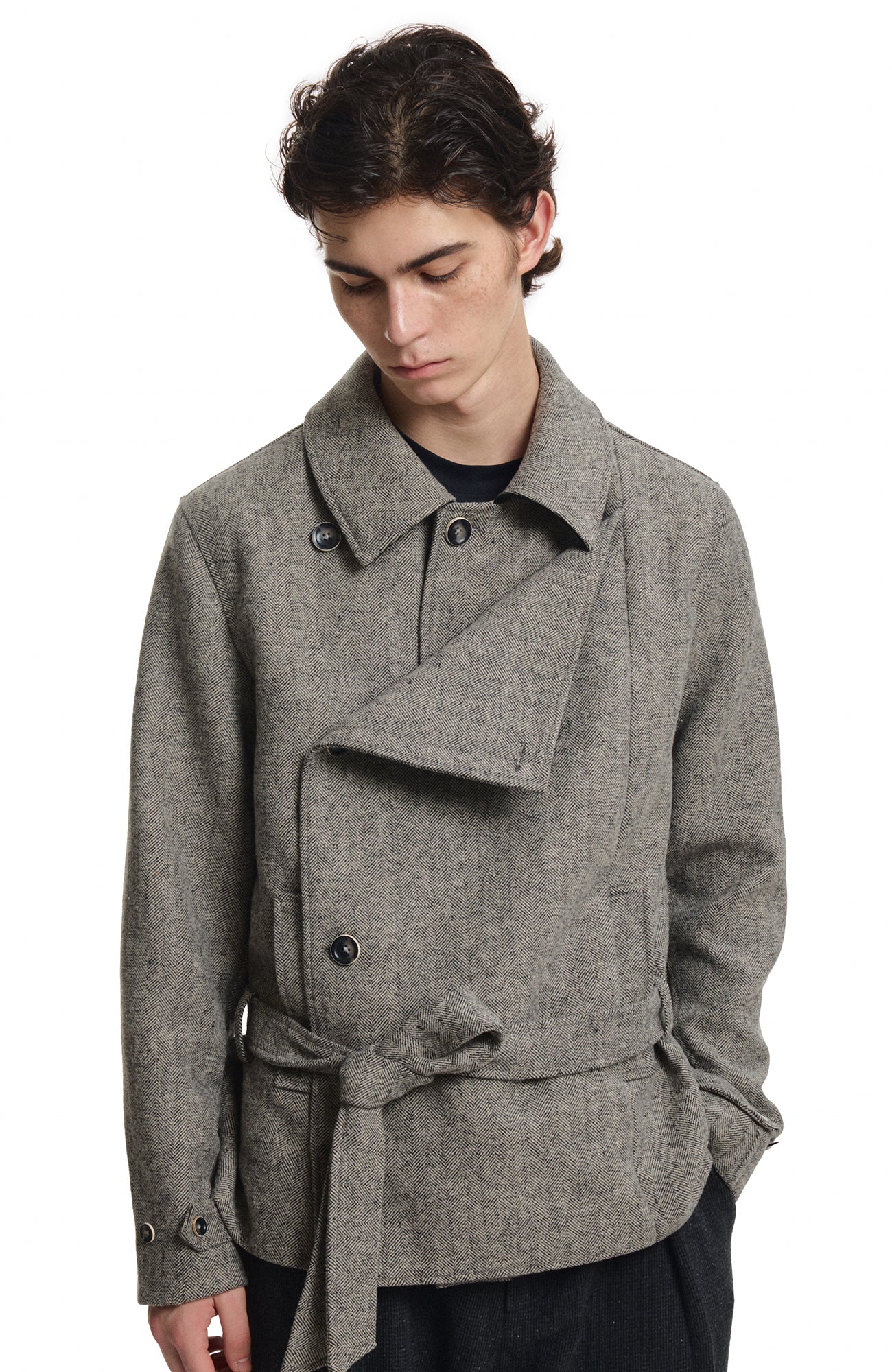 KREATE Wool-Blend Herringbone Double-Breasted Belted Coat
