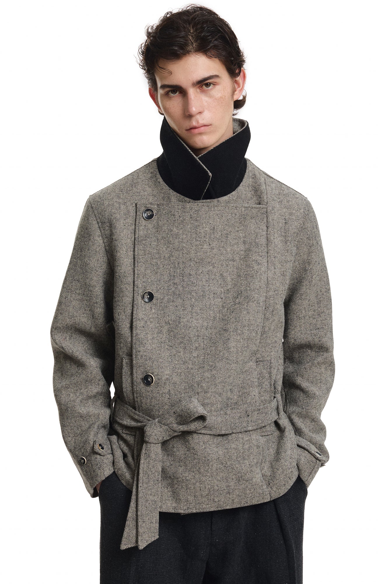 KREATE Wool-Blend Herringbone Double-Breasted Belted Coat
