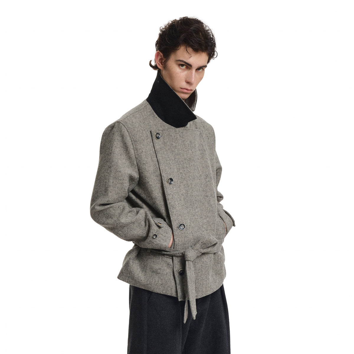 KREATE Wool-Blend Herringbone Double-Breasted Belted Coat