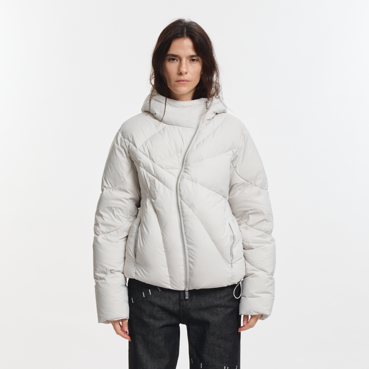 KREATE Asymmetrical Zip Quilted Hooded Down Jacket