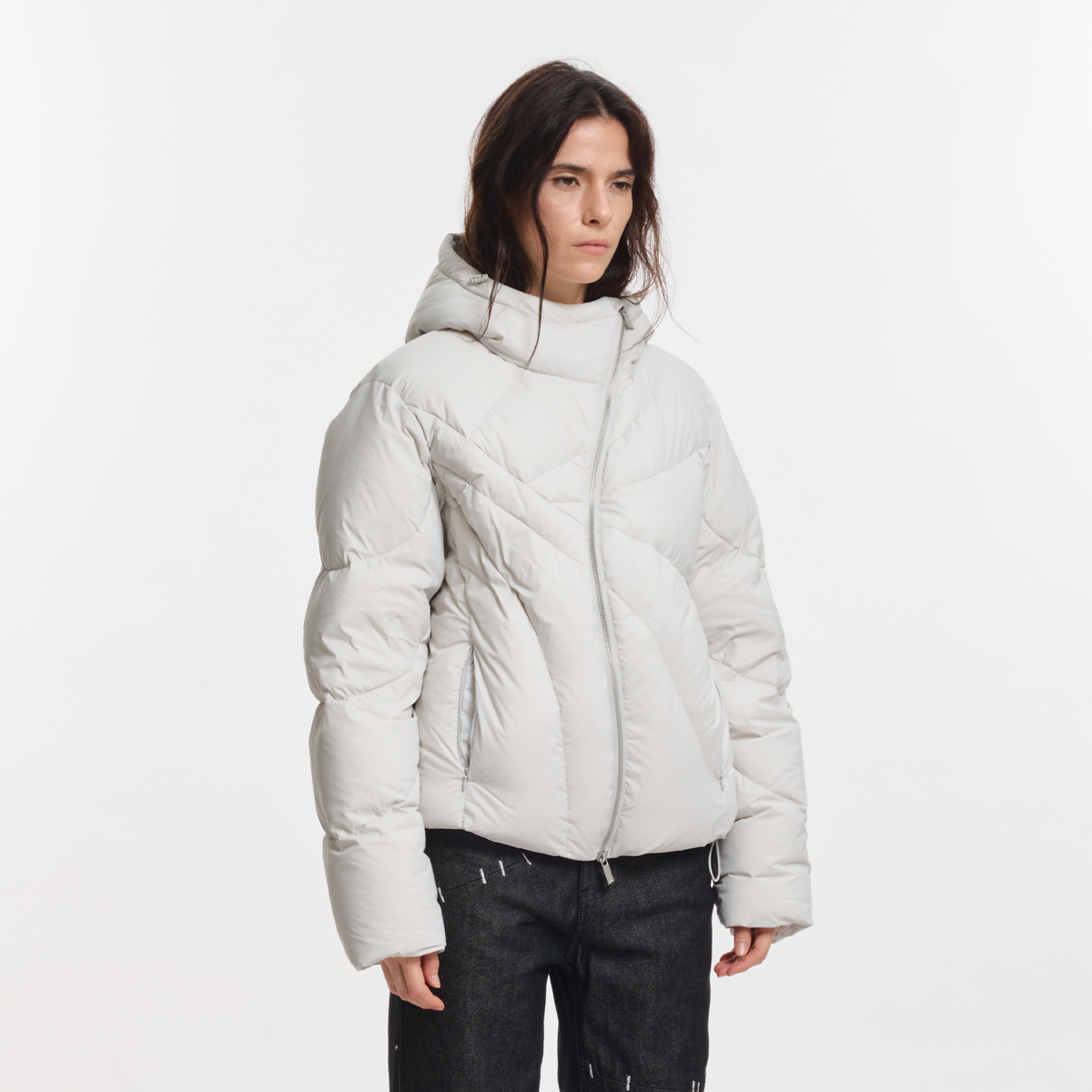 KREATE Asymmetrical Zip Quilted Hooded Down Jacket