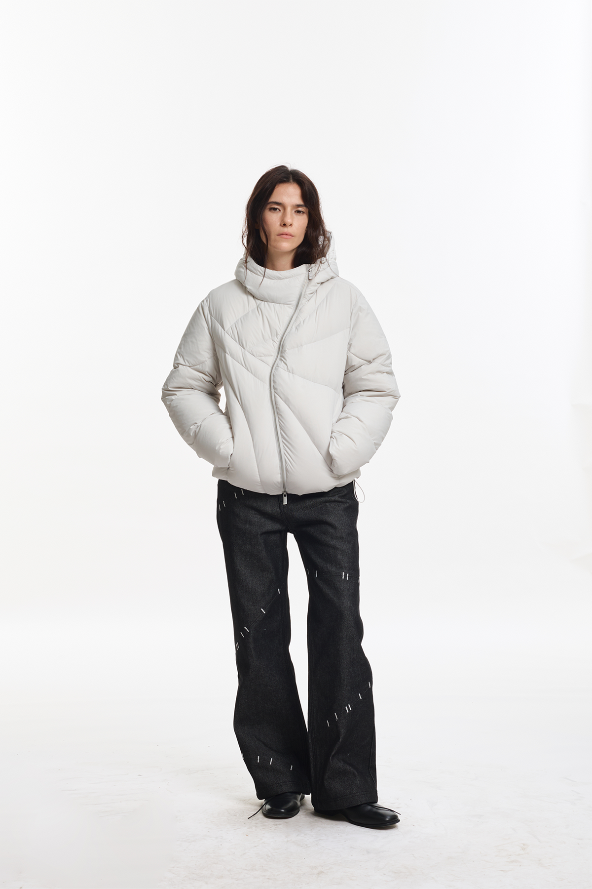 KREATE Asymmetrical Zip Quilted Hooded Down Jacket
