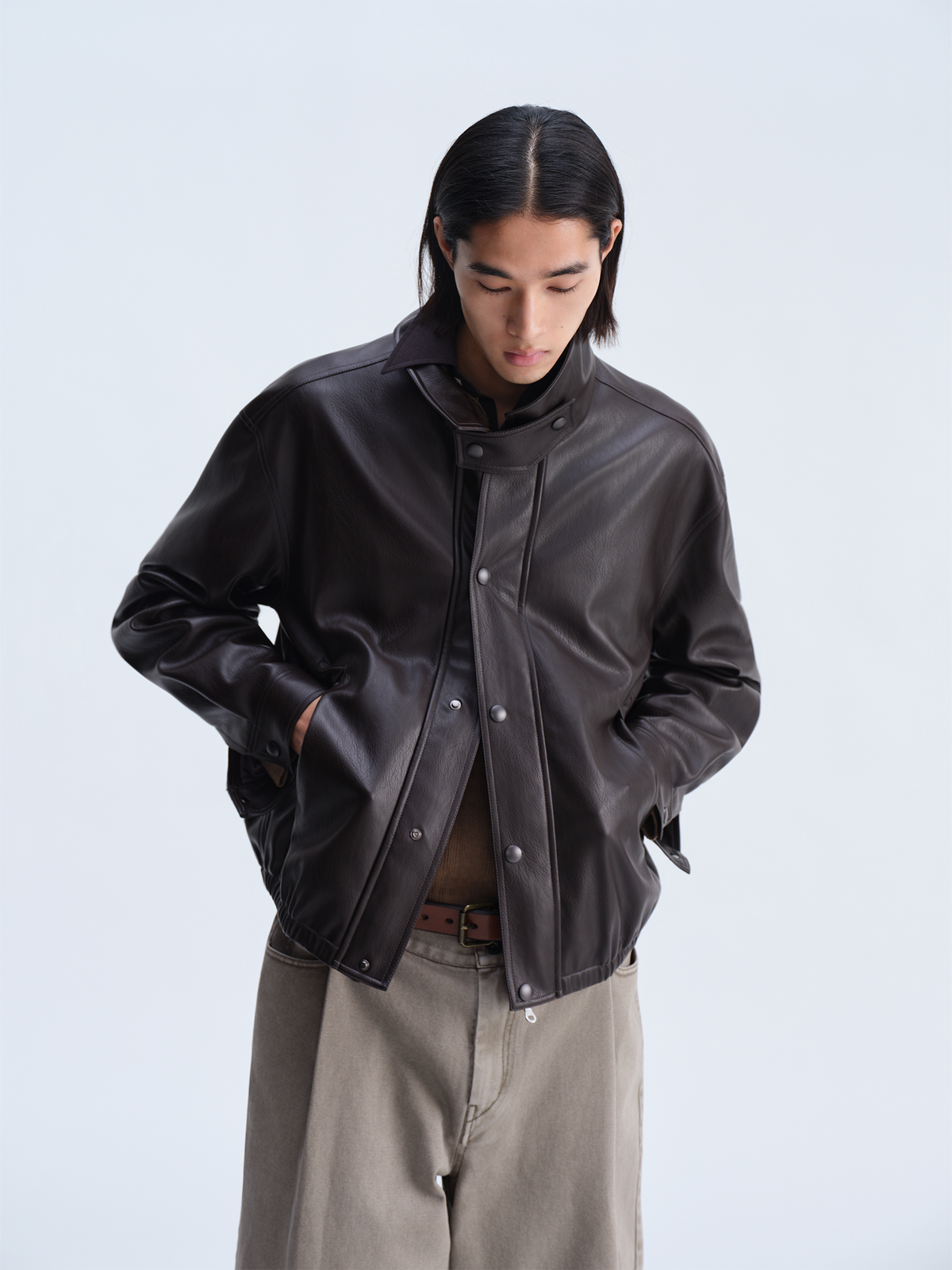 OPICLOTH Matte Faux Leather Harrington Jacket