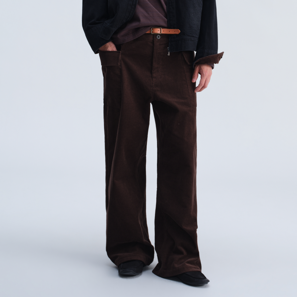 OPICLOTH Washed Corduroy Flap-Pocket Wide-Leg Cargo Pants