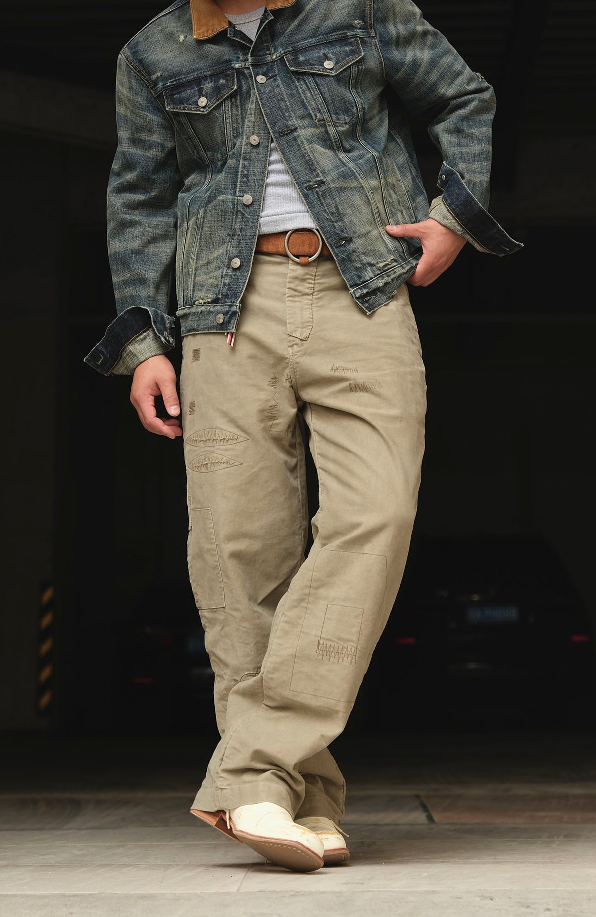 NEIGBORL Retro Washed Hand-Stitched Straight-Leg Cargo Pants