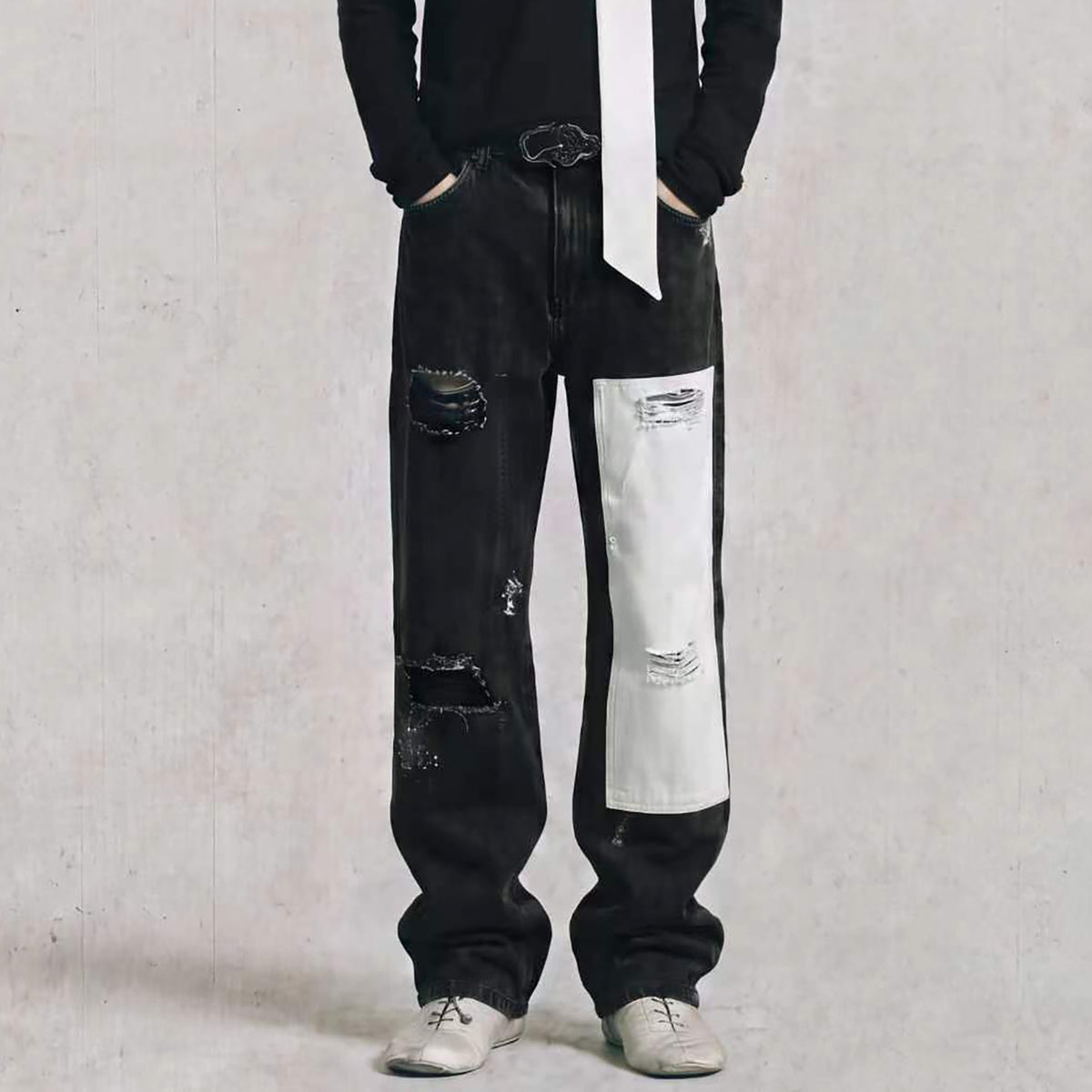 2000RSK Paint-Splattered Washed Distressed Spliced Straight-Leg Jeans